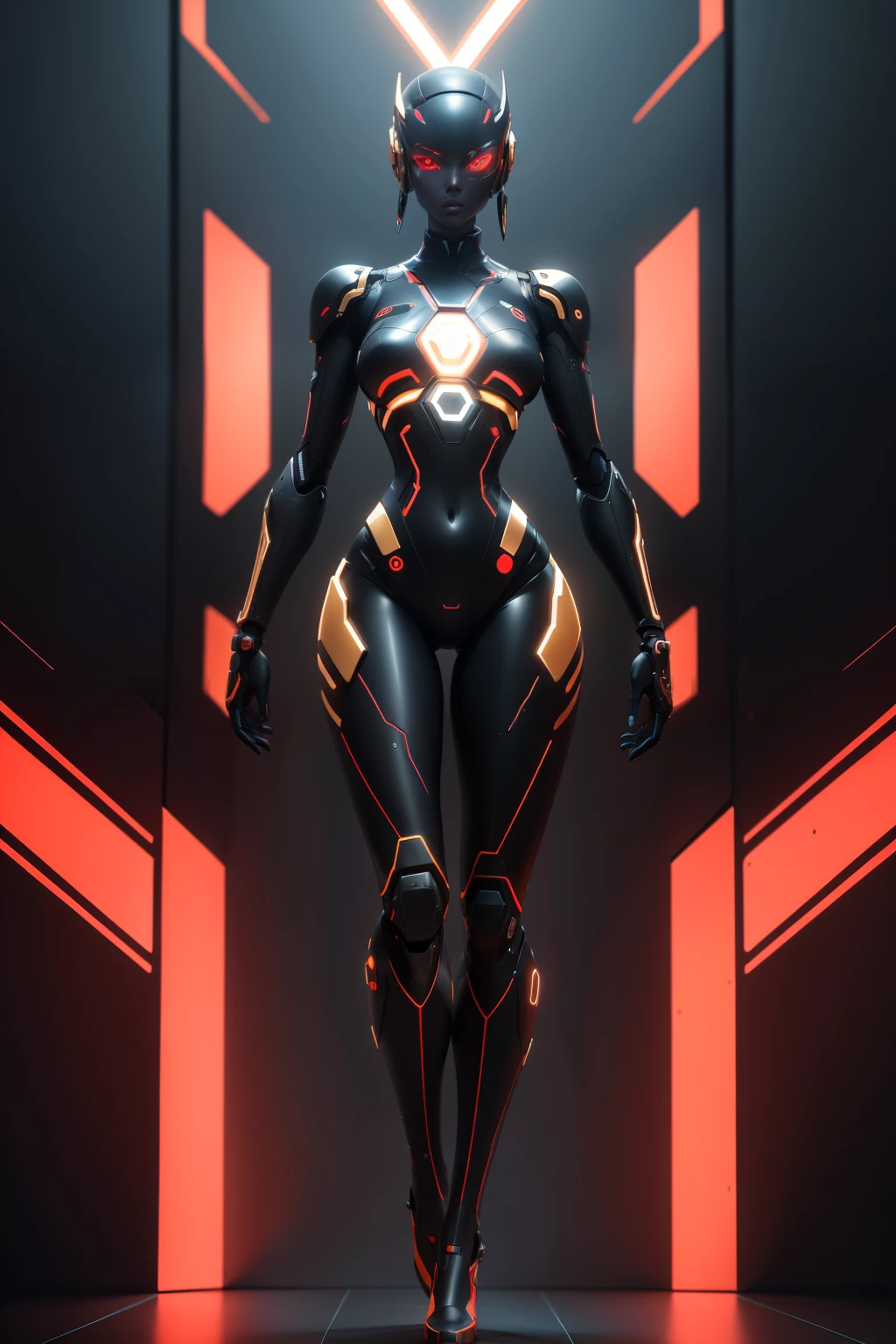Full-body humanoid robot, Futuristic style, With refined features, Has a sporty body type, Has a symmetrical body, Gold body,Black and red touch, Slim body on black background with neon touch, Has detailed symmetry surfaces, ultrasharp, ultra-realistic realism, angle from side, octave render, 8K.
