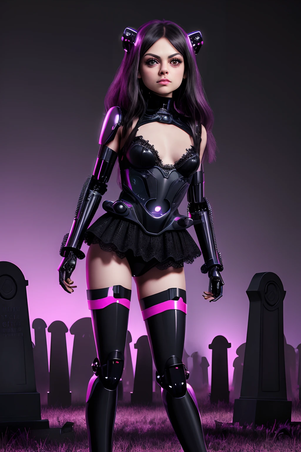 preteen robot kitten fairy goth Mila Kunis. small black lace top, big breasts. Pink tights on long legs. dark graveyard background. Cyborg look, android, futuristic.