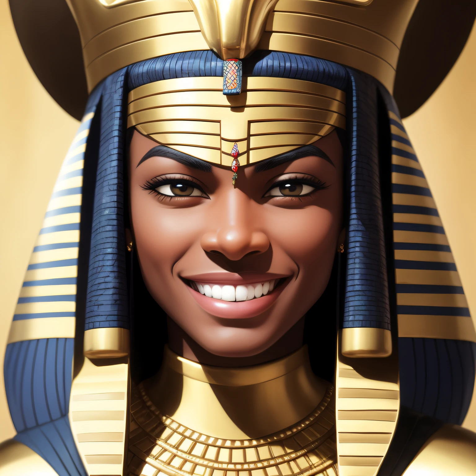 Black Egyptian Pharaoh face smiling.