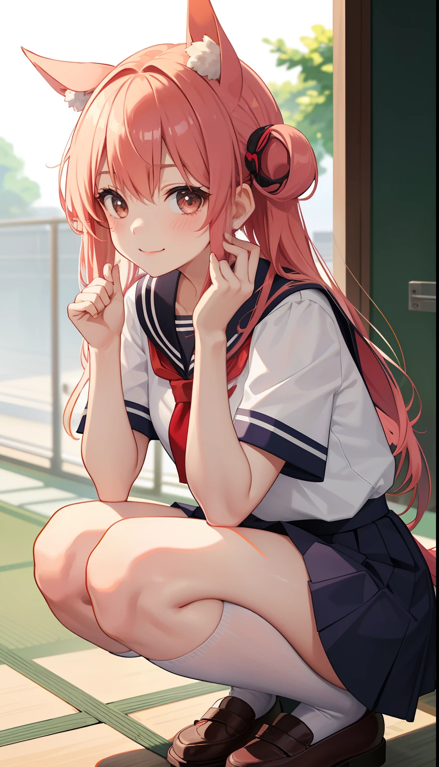 1girl in、AS-Adult、A smile、（Tsundere）、The shirt、skirt by the、（small tits）Chilarism、Japan High School Student Uniform、serafuku、summer clothing、（Sheer Bra）、Upper body portrait、horse ear（Uma Musume）、Squatting panchira、