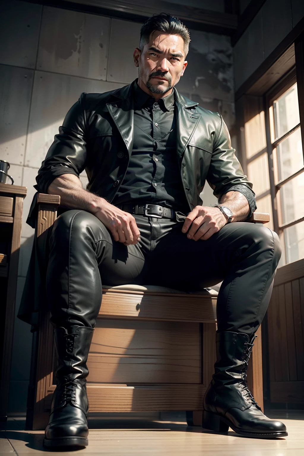 45-year-old middle-aged man,Man,uncles,Height 195,Asian people,seated on a throne,God perspective,The eyes are about to face each other,Chinese men,musculature,Lift one foot,Wears a long black trench coat,Black socks,Black tall riding boots,Wear riding boots,wearing military shoes,Black riding boots,Ferocious and ferocious,Prison background,Rope in hand