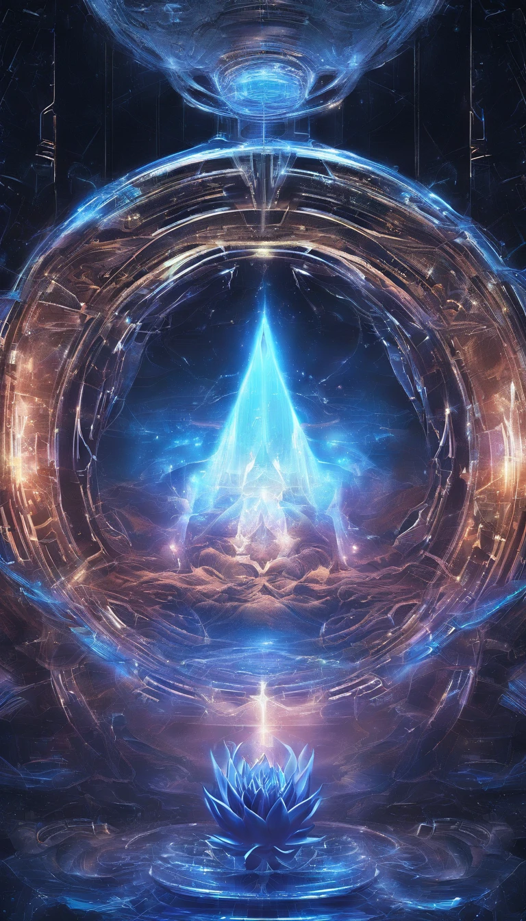 The Great Lotus in the Light of Tyndall {blue white colors}Fire,Lightning arc,Light effects,CG,Blizzard style art trends,Diffuse luminous fog Noctilucent particles,Bright volumetric light ,black lotus