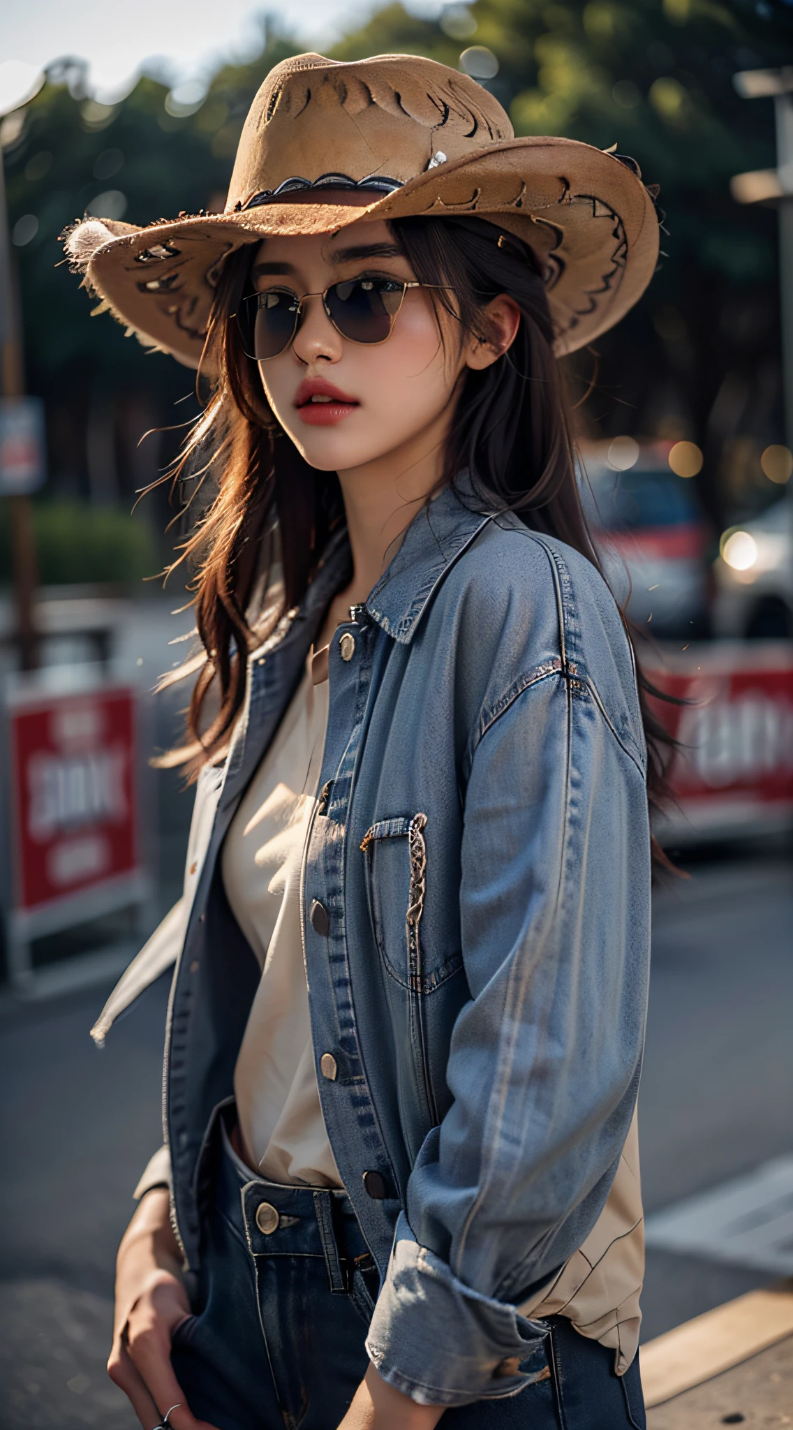 (best quality,4k,highres),(A girl,girl:1.1),(beautiful detailed face, detailed lips, sunglasses),(long hair,exposed flesh,straight hair),(wearing denim clothing,cowboy hat boy),(bokeh background),(relaxed atmosphere),(full body shot)