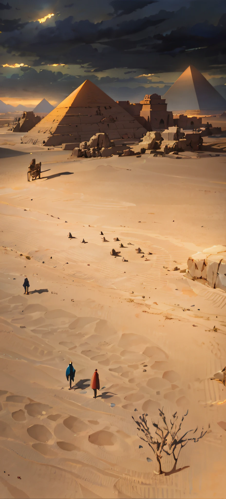 Desert painting with Egyptian pyramids as a background, ross tran. scenery background, Makoto Shinkai. High detail, Makoto Shinkai's style, Pondering. By Makoto Shinkai, greg rutkowski makoto shinkai, studio glibly makoto shinkai, Makoto Shinkai. —h 2160