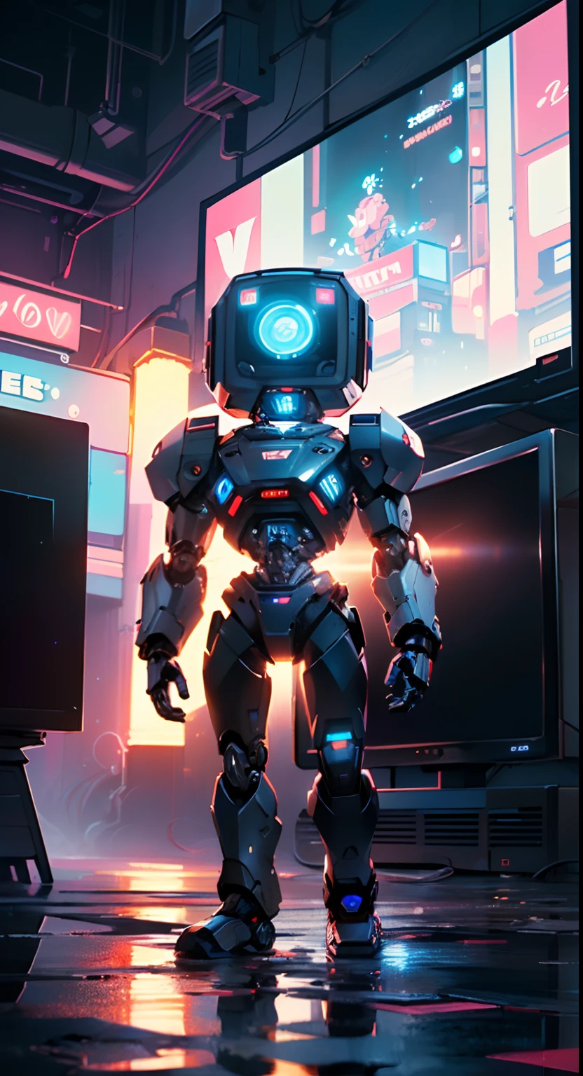(((TV robot with mechanical arms and legs))),
(((tiny little robot))) with ((((TV head)))). He has (((shaped like a cube with mechanical arms and legs))),and a (((screen on his face))) that displays emoticons and coded messages,Strange head, black tv head,detailed TV head,intricate robot,
(((Object_head,televison_head))),
(dynamic pose:1.0),solo focus,(centered,scale to fit dimensions,Rule of thirds),
cyberpunk city by the ocean at night, with bright neon signs and dark stormy clouds and puddles,
High resolution, sharp focus, (ultra detailed, extremely detailed), (photorealistic artwork:1.37), 8k wallpaper,((synthwave background theme)),(((vibrant colors,))),(intricate),masterpiece,(best quality),synthwave neon colors,