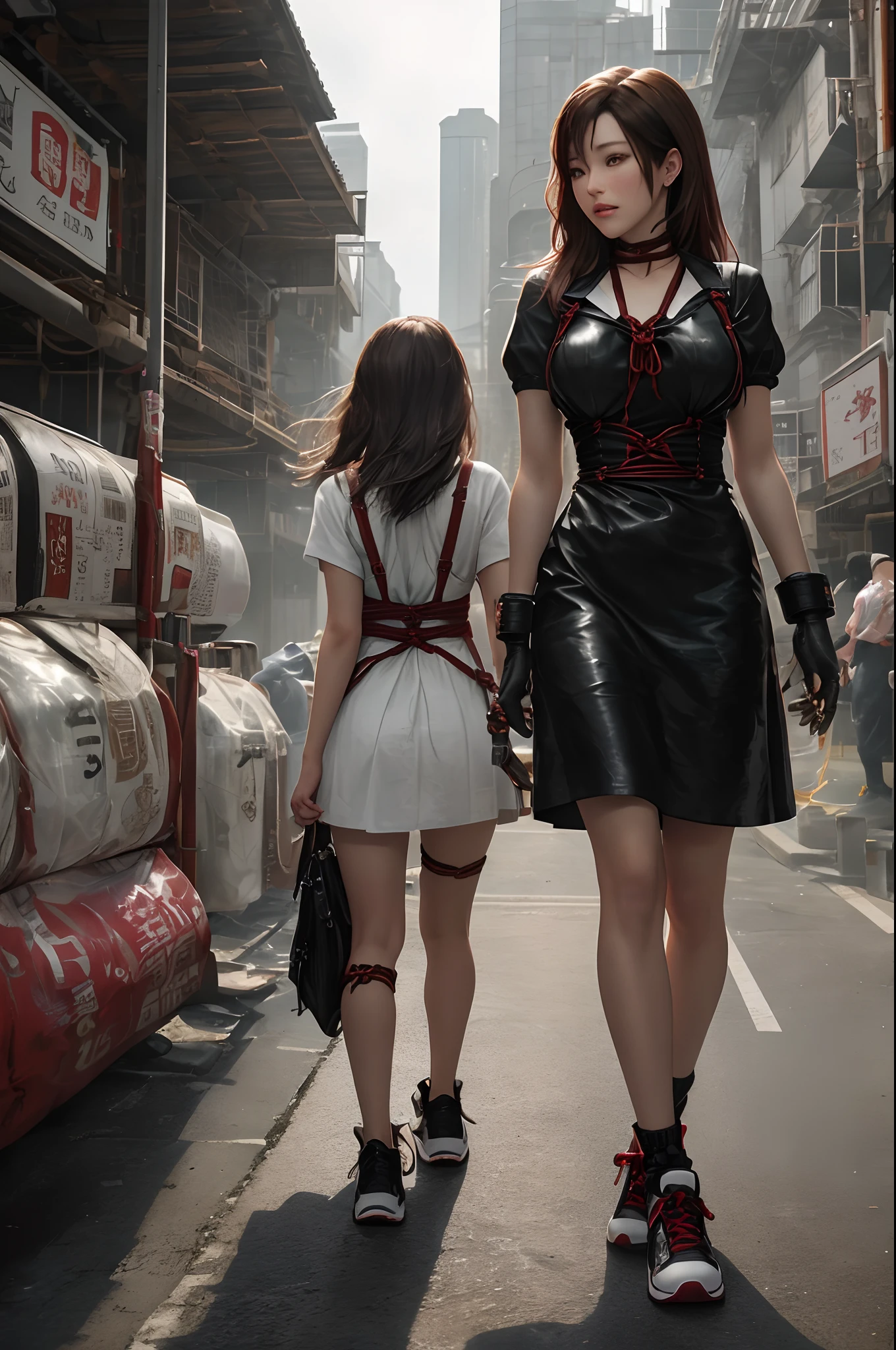 (Shibari,Behind the arm:1.4),(Put your hands behind your back),(The highest image quality,Striking details,超高分辨率,(hentail realism:1.4),(tmasterpiece,best qualtiy)),(tmasterpiece,best qualtiy)),(tmasterpiece,best qualtiy)1.5,1girll,独奏,(Raised sexy,Beutiful women,s the perfect face,perfect eyes),Tifa Lockhart,black leather dress,athletic sneakers,(Reddish-brown eyes,brunette color hair,long whitr hair),(Shibari,Behind the arm:1.4),(Keep your hands behind your back) handcuff,Moisture spray,shackle,weeping,Between the legs,