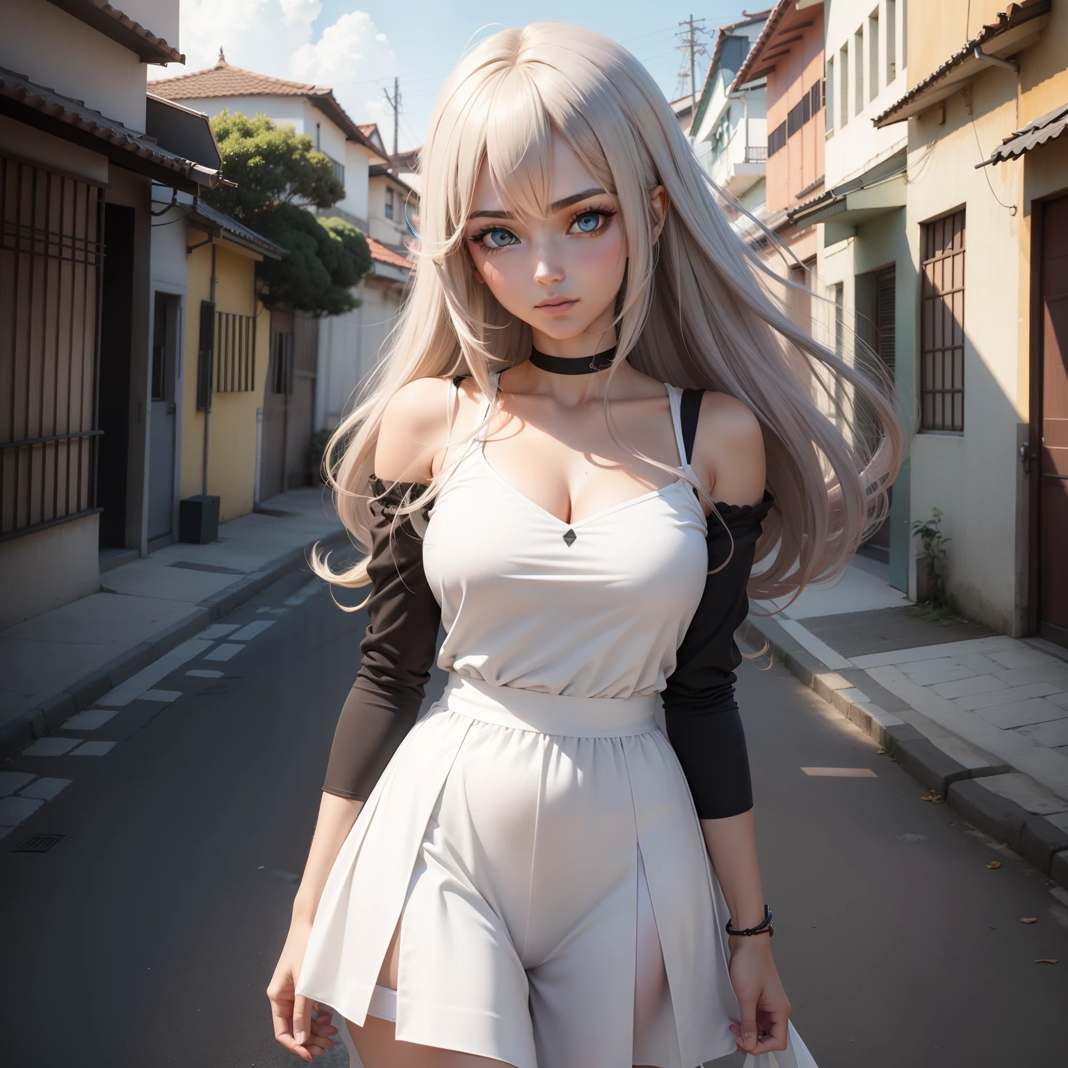Garota sozinha, estilo de anime, cabelos loiros claros, roupas casuais, fundo simples, 2d