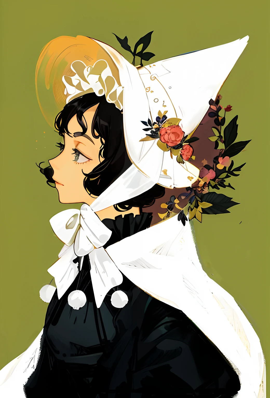 There was a woman in a white hat and a black dress,Mucha style
