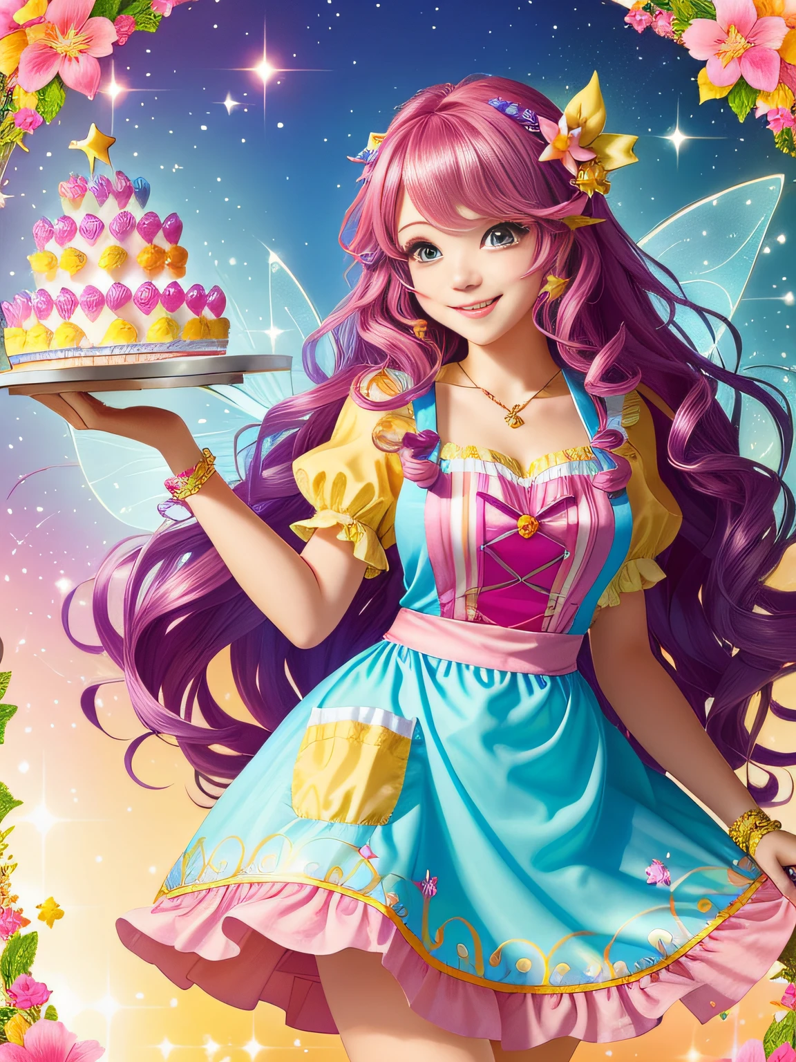 Draw a cheerful, smiling fairy with long, wavy hair.
• She must be wearing a colorful dress with a baker's apron.
• In hands, holding a magic wand and a tray of magic candies.
• Around it, add bright colors and confectionery elements, such as sweets and cakes.