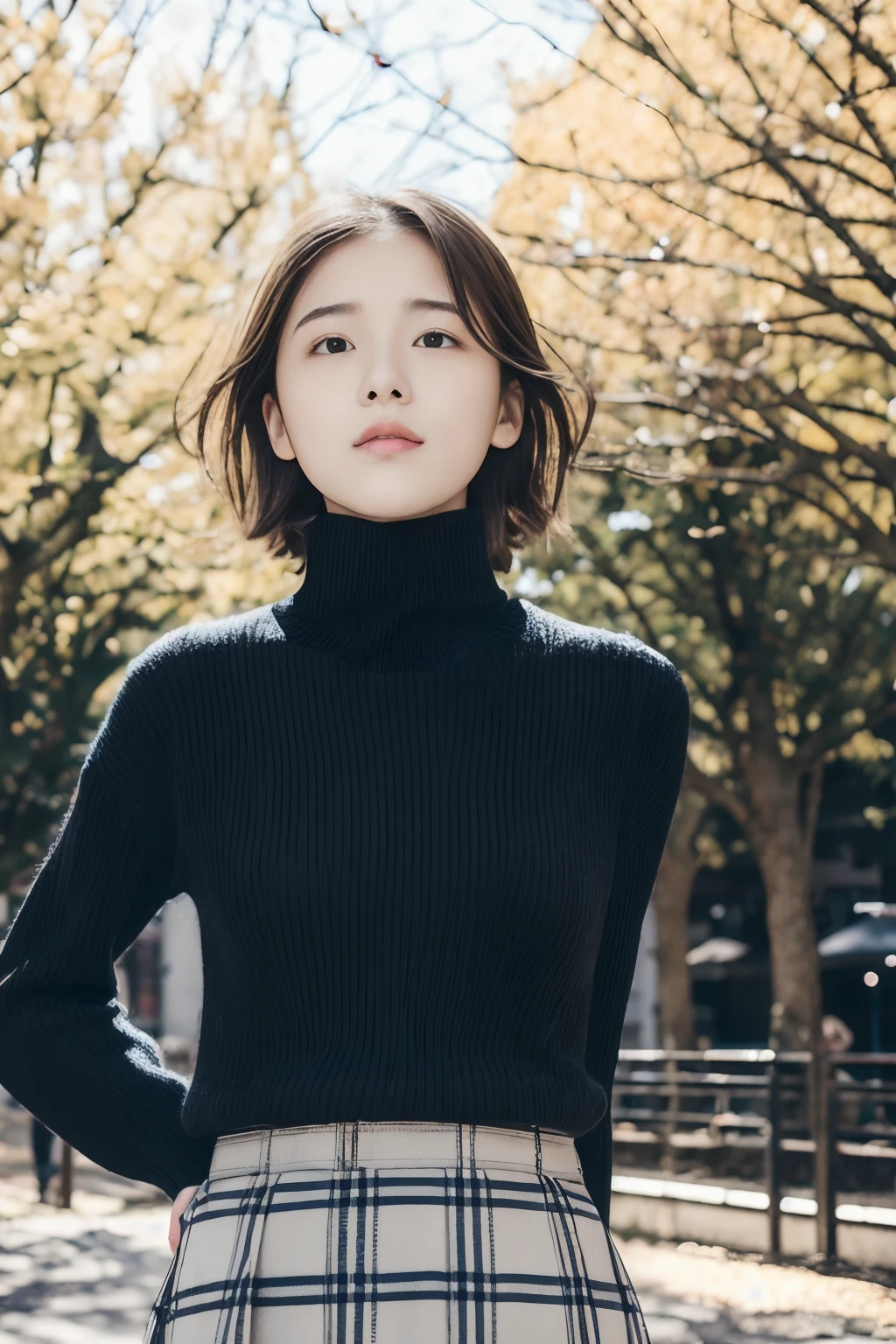 Medium (shoulder-length:1.2) up hair,  (masutepiece:1.1),(Best Quality), (Raw photo), (Beautiful 14 year old Japan girl), (Cute face),
(hitornfreckles:0.6), Cute lips,
Dynamic lighting,
Provocative,
Happy,
In the park,
(Black turtleneck sweater and checked mini skirt),
(from below),