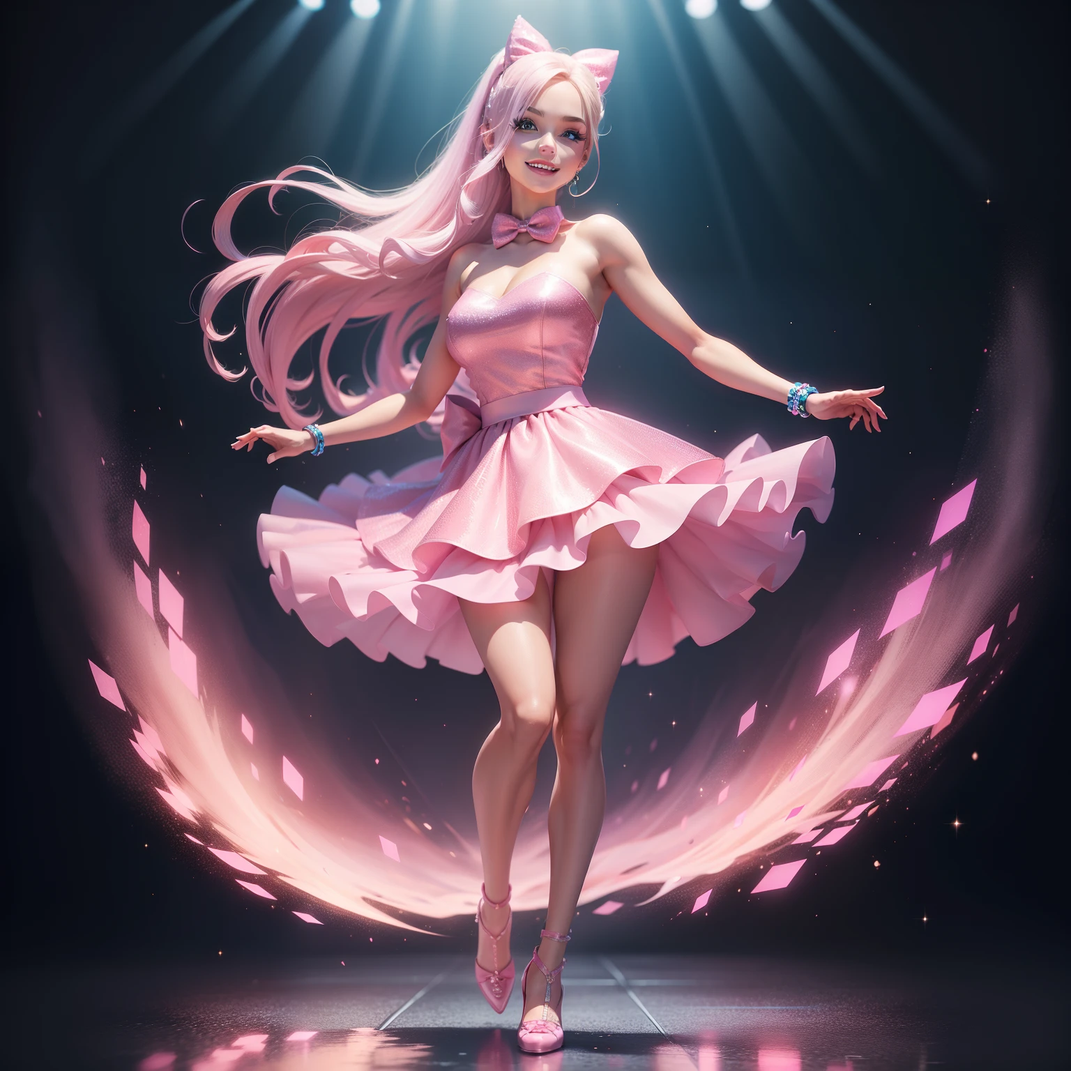 Barbie, ((Full body)), Blue eyes, Smiling face, Hair loss swaying in the wind, Hip Hop Singer Pose, Dressed in hip-hop style, Wearing a pink dress that reflects light like a sparkling mirror ball with sequins, With a pink bow on the arm, Fashion, Extremely high quality, high details, 8K, clean back ground, in studio, ((Full body shot)),Fingers are realistic,Accurate Hand Modeling,