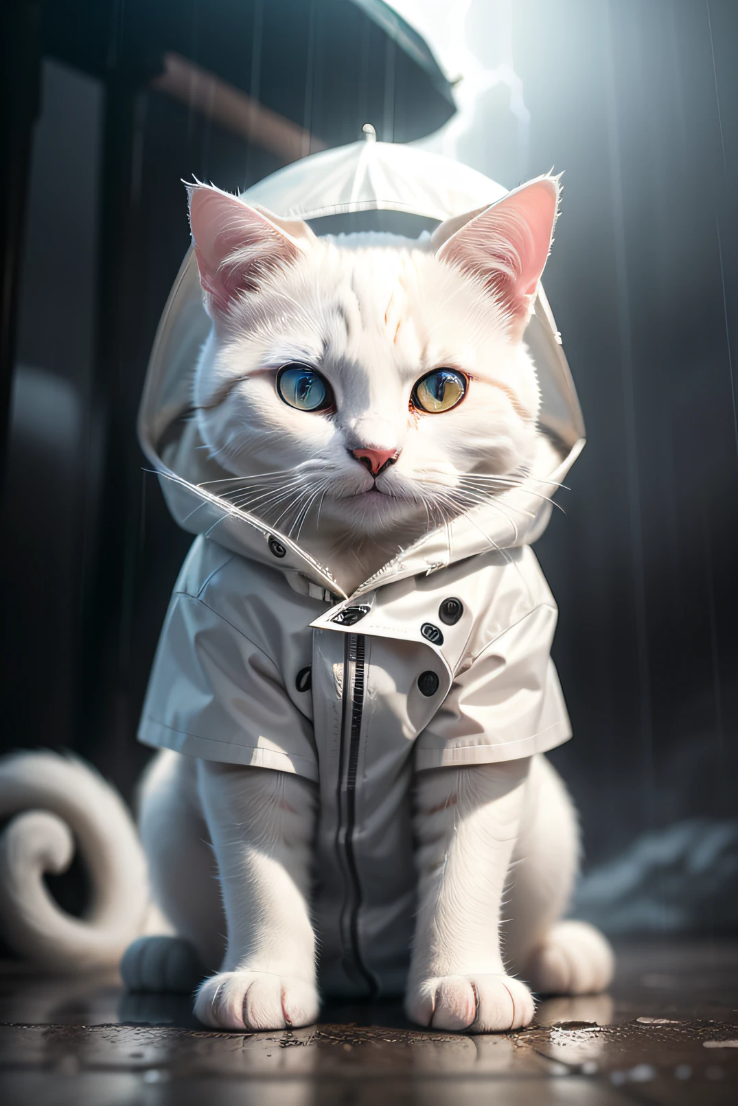 White colored cat puppy wearing raincoat, stormy weather, with cinematic lighting and ultra realistic details, realistic photo, cinematic photography, incredibly detailed, film lighting