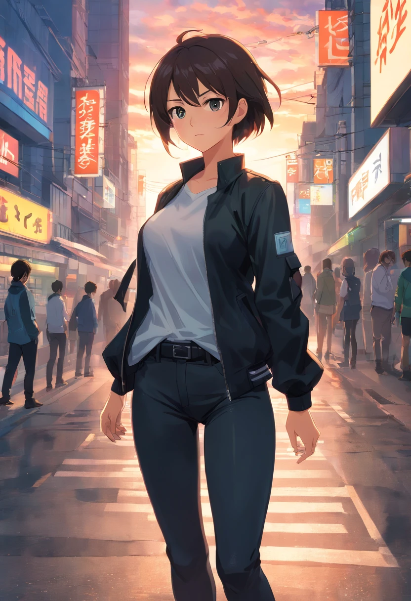 estilo anime, UHD, retina, master part, anatomicamente correto, pele texturizada, full body shot, Detalhes altos, Super Detalhe, alta qualidade, best quality, Altas, 16k, 1girl, solo, mid hair, cabelos pretos, olhos castanhos, angry, 26 years old, mature female, black jacket, white shirt, black pants, black knee boots