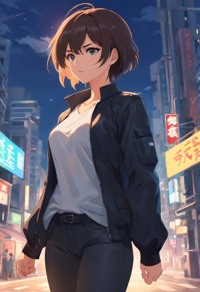 estilo anime, UHD, retina, master part, anatomicamente correto, pele texturizada, full body shot, Detalhes altos, Super Detalhe, alta qualidade, best quality, Altas, 16k, 1girl, solo, mid hair, cabelos pretos, olhos castanhos, angry, 26 years old, mature female, black jacket, white shirt, black pants, black knee boots