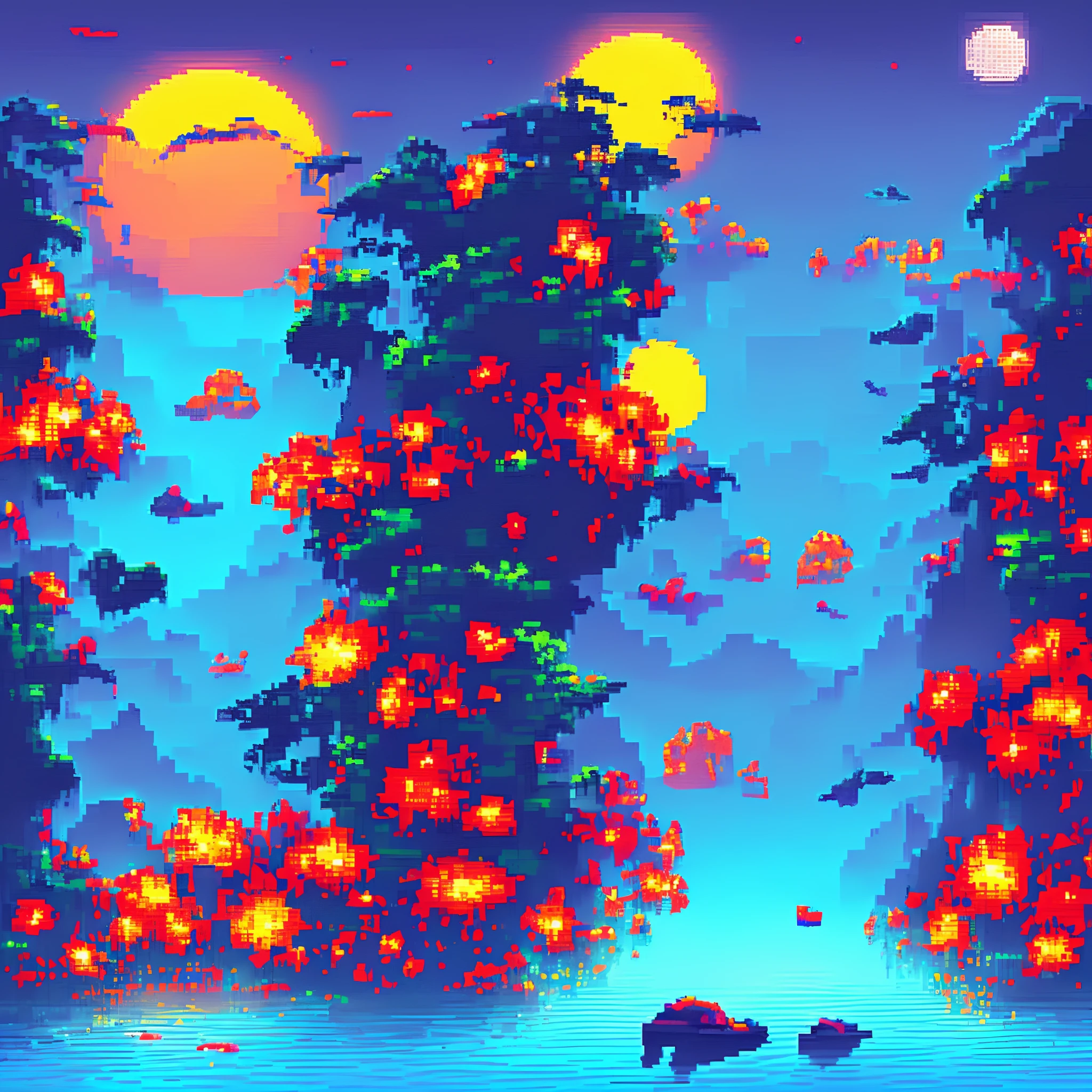 Add Shiba Inu, Pixelated art of giant moon rising on calm sea, beautiful detailed pixel art, detailed pixel art, Retro lo-fi video game, Pixel art concept, detailed pixel artwork, pixelart style, Pixel City, pixel art animation, high quality pixel art, Dolphins jump off the sea, super detailed color lowpoly art, #pixelart:3, # pixelart, #pixelart