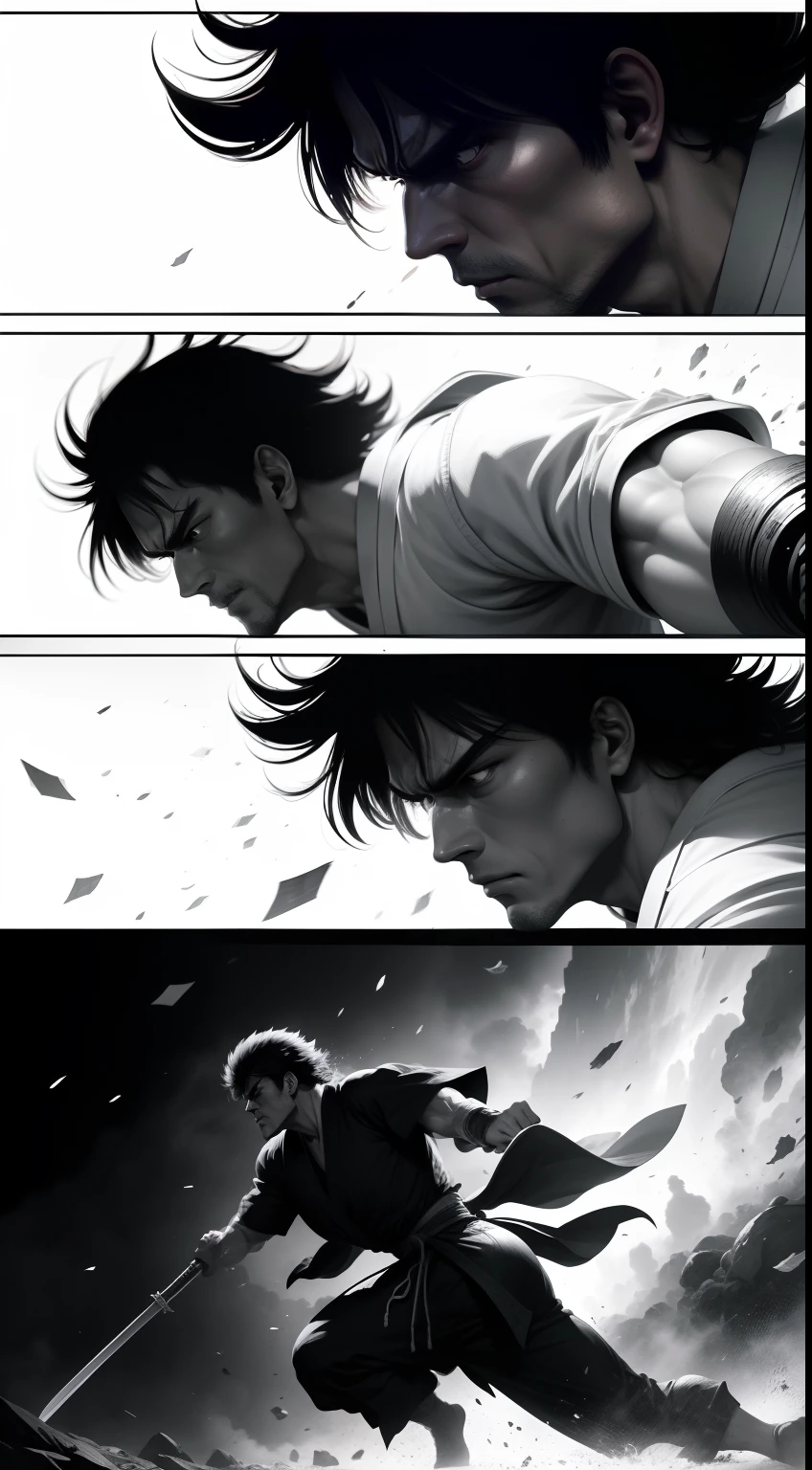 /imagine prompt: （illustration）comic page，There are multiple panels on the page：Black and white Japanese manga page, Jump Magazine,Hot-blooded martial arts comics, A comic book about Hokuto Shinken,author：Tetsuo Hara。Highly detailed dynamics reveal the film's clear lines, Stunning,Vivid lighting and vivid shadows。Strong visual impact. The action is exaggerated, Exciting times.{Multi-lens continuous shooting}--Niji 5 --Chaos 50--Q 2, sport photography