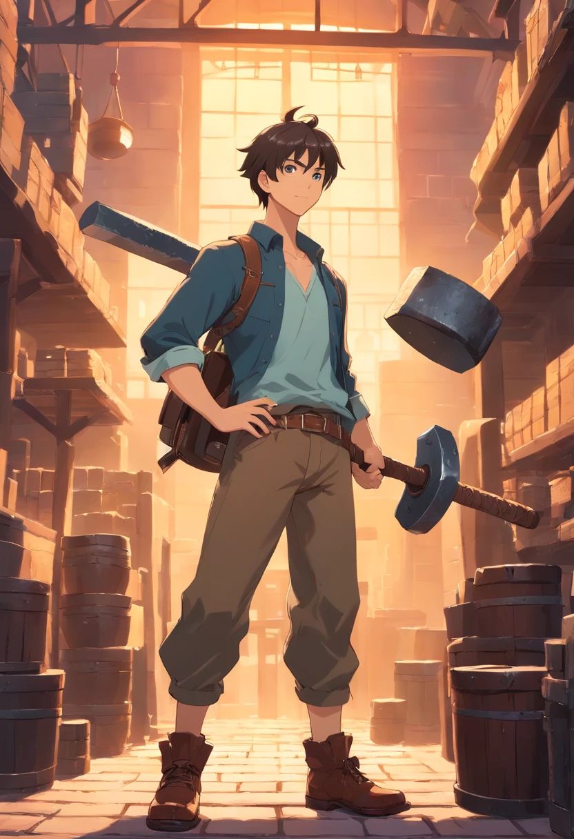 Chinese Middle Aged Men、Strong body、blacksmith、Hand-held giant hammer、Leather clothes、Half-exposed、high definition detail、tmasterpiece、The best quality