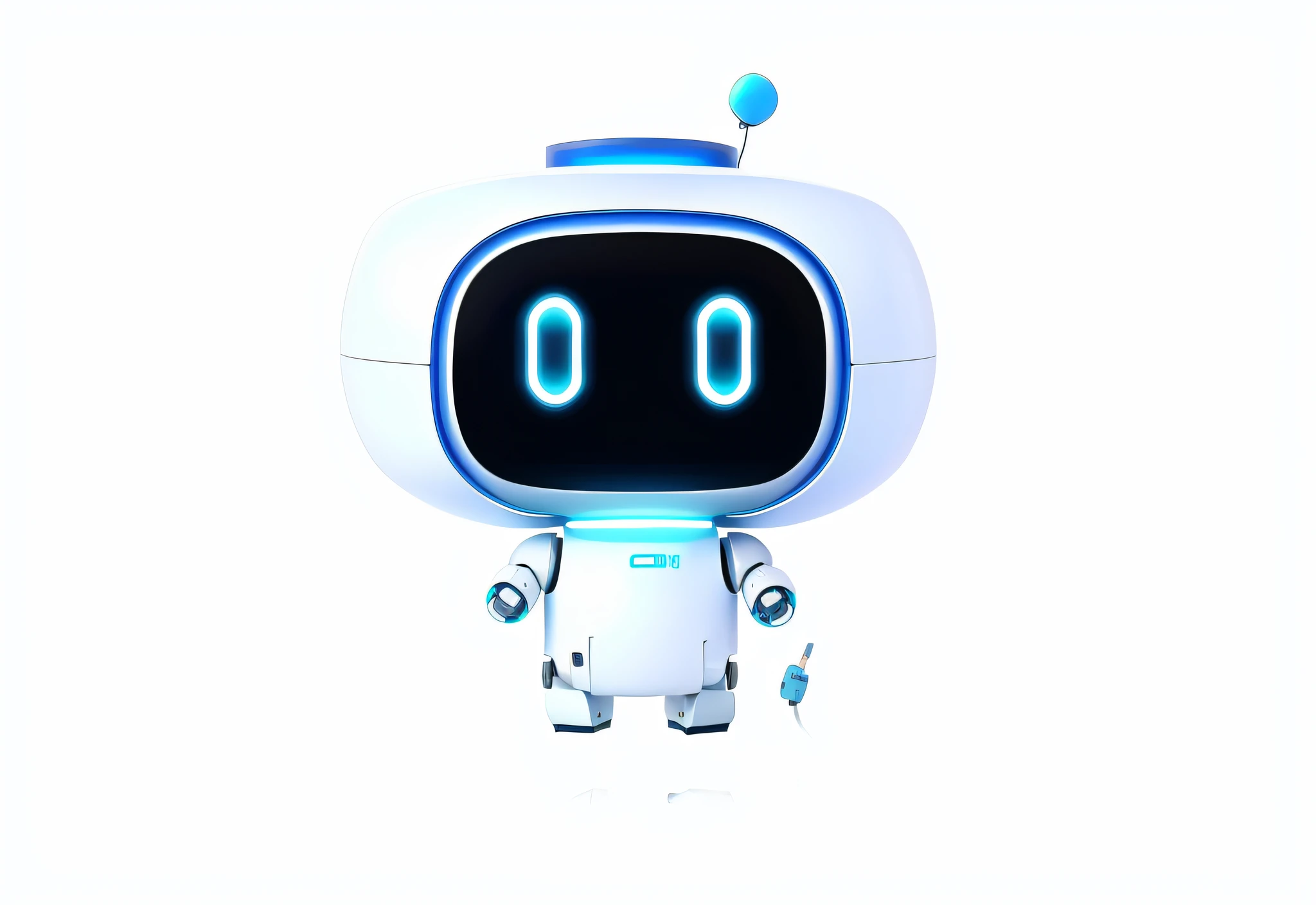 White robot with cyan eyes, Cute robot,There are blue stripes on the body, Super cute robot face, Very cute robot Zen,The head is capsule-shaped,The overall round top of the signal receiver,Hands are round,The body is relatively rounded,Beneath the background of a hospital