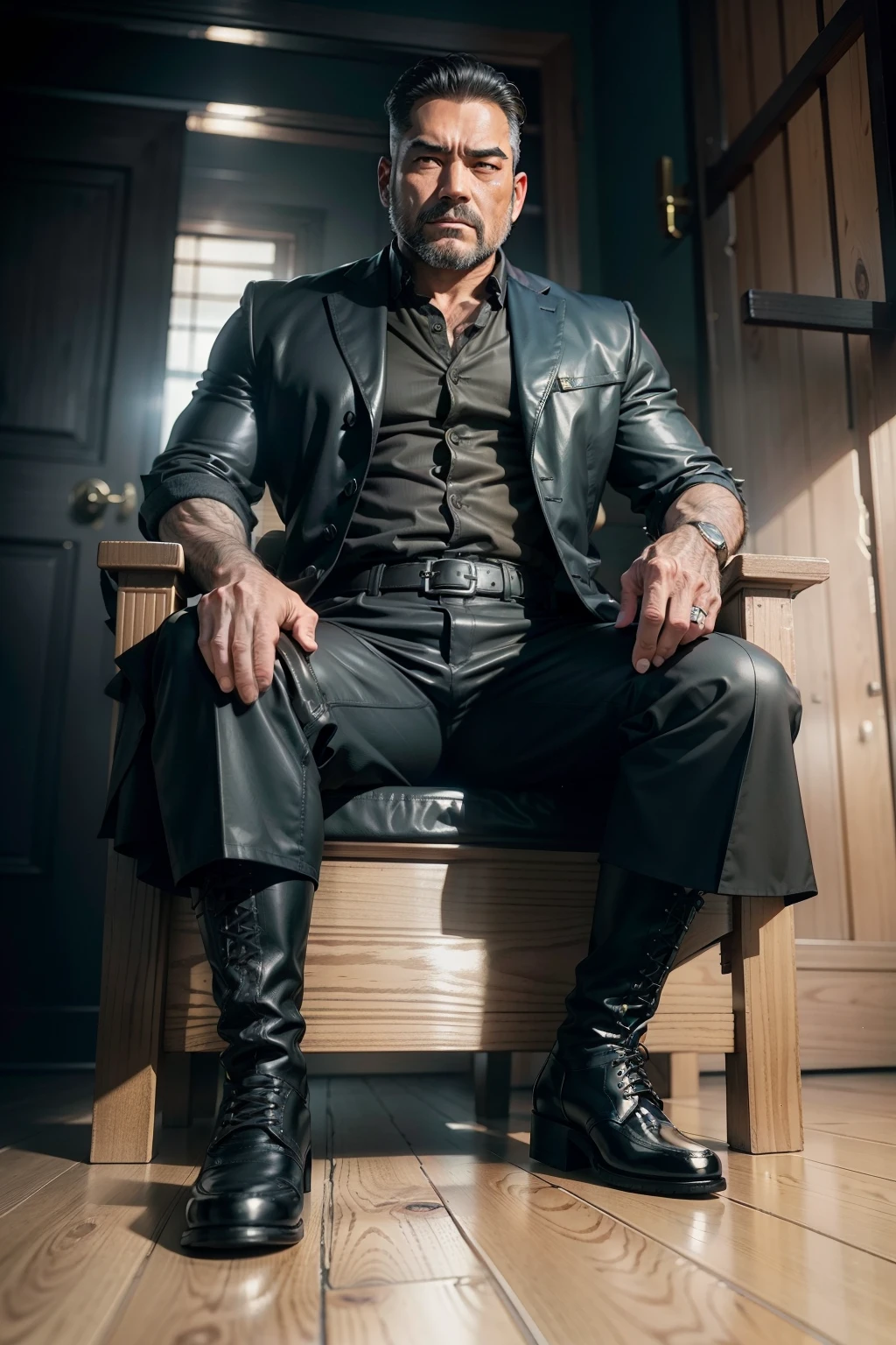 45-year-old middle-aged man，Man，uncles，Height 195，Asian people，seated on a throne，God perspective，The eyes are about to face each other，Chinese men，musculature，Lift one foot，Wears a long black trench coat，Black socks，Black tall riding boots，Wear riding boots，wearing military shoes，Black riding boots，Ferocious and ferocious，Prison background，Rope in hand