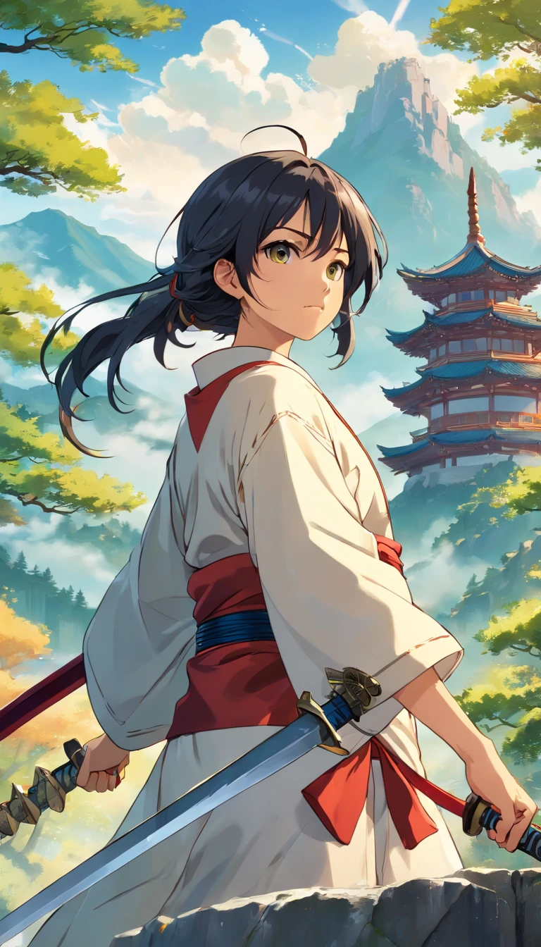 hyper HD,Masterpiece,Award-Awarded,Best quality,A high resolution,8K,High details,(A man:1.6),Perfect face,Long black hair,Ancient Chinese hair accessories,Blonde hair accessories,(Face the lens:1.4),(holding a sword:1.5),Handheld scabbard,Ancient Chinese robes,Martial arts,Outlaw Star,Bugu,Jump up,There is a dragon behind it,Chinese Dragon,Patron saint,Mountains and trees in the background,Mountain,Pavilion,pines,Bright sky,White cloud,mostly cloudy sky,drak,,Ancient oriental architecture,Ancient Chinese architecture,