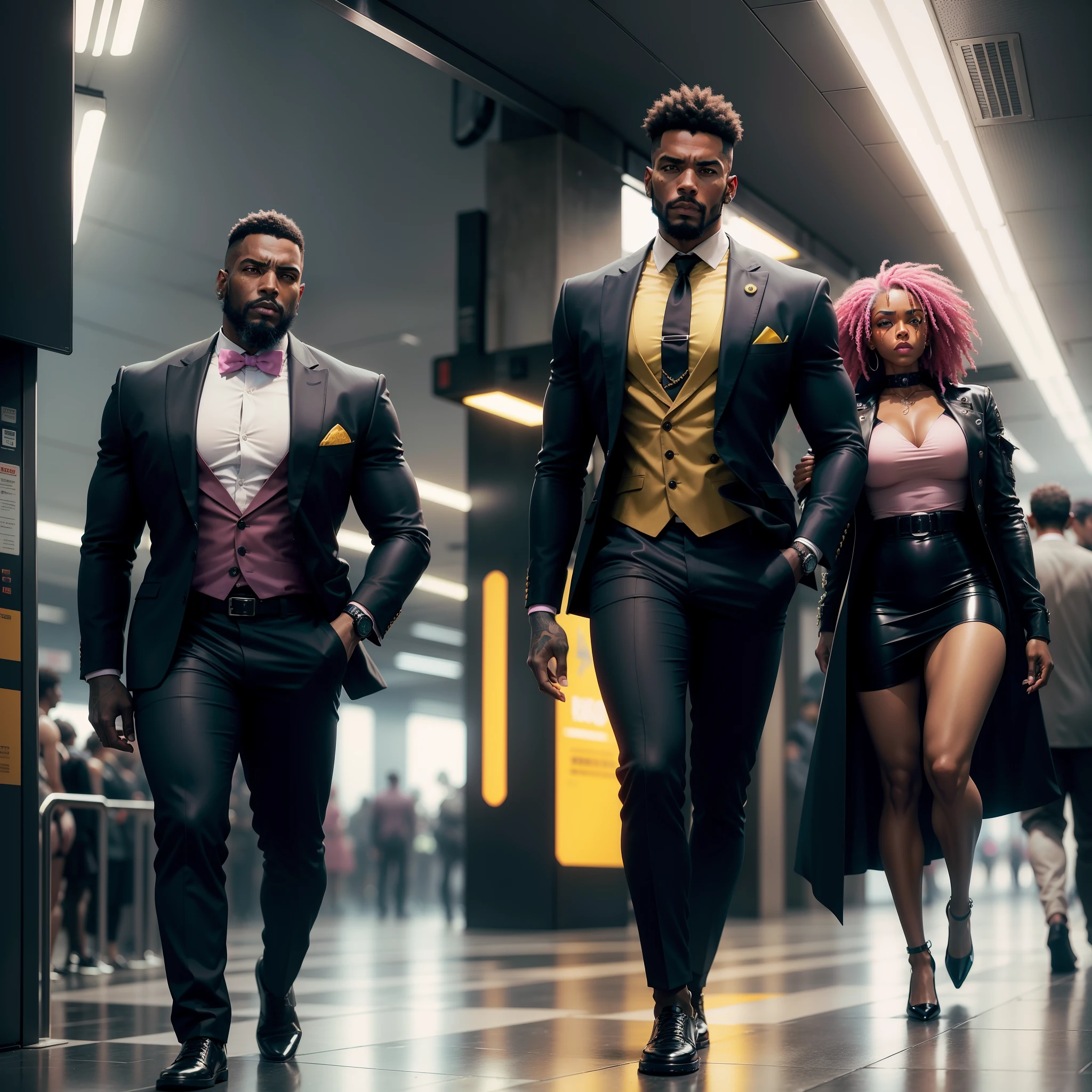 I'd like a cyberpunk style image in 4k average photo of three black characters ,40 anos de idade,,africano, forte, musculoso, de pele negra ,barba grande,barba, Estiloso Barbon,com cabelo punk estilo anos 80 na cor amarelo e cinza escuro,muito eLegante,, futurista e estiloso neon , com uma tatuagem super colorida e com neon ,Toattoo, facing a metro station on the platform , with station lights failing in a dimly lit environment, standing dressed in a dark yellow suit with a pink bow tie and baggy shirt.