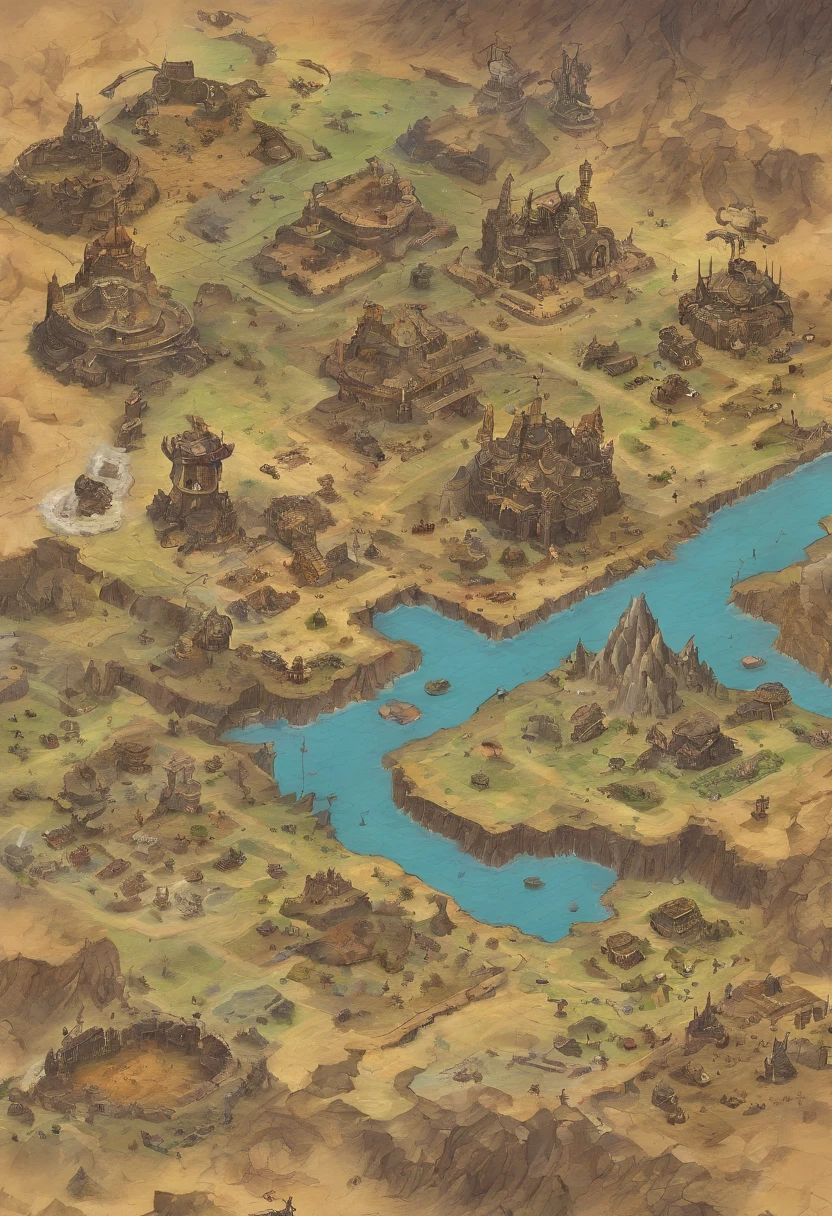 A shattered continent，Wasteland style art，desolated，Sense of ruin，Overlooking the perspective，Huge continents，atlas