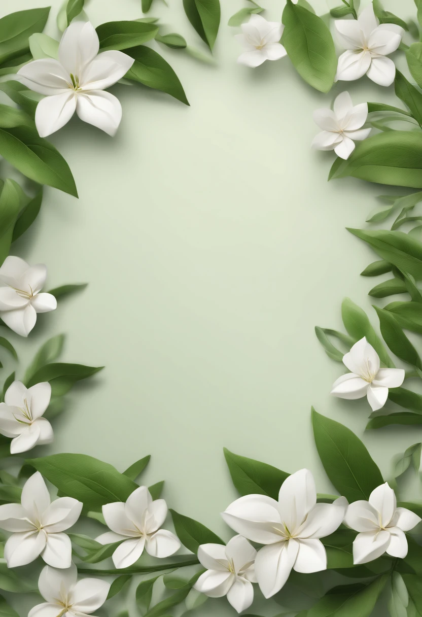 White jasmine,Draw a white flower,Green leaves and flower branches, Cheng Jiasui 3D rendering, Tumblr, romanticism lain, background natural flower, made of flowers and leaves, paper quilling, background-image, Flower background, Flowers in the background, Flower frame, Jasmine themed banner, iPhone background, botanical background, background artwork, paper art, high quality paper,Unreal Engine 5, Cinematic, low angle photography, Motion blur, Depth of field,Hyper-detailed, insanely details, Intricate details, editorial photography, shot with a 50mm lens, Depth of field, Tilt Blur, Shutter speed 1/1000, f/22. Lightmaps, Super bright