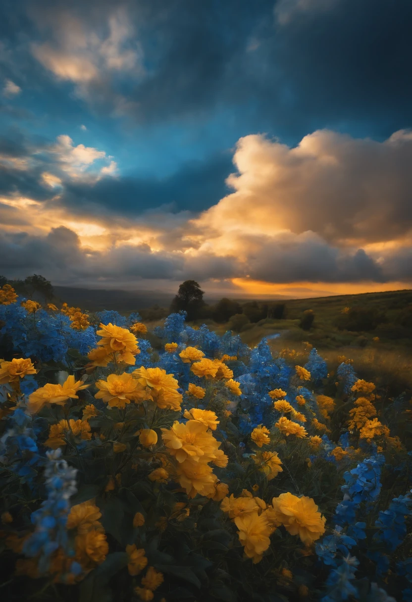 blue and golden flowers among whith clouds