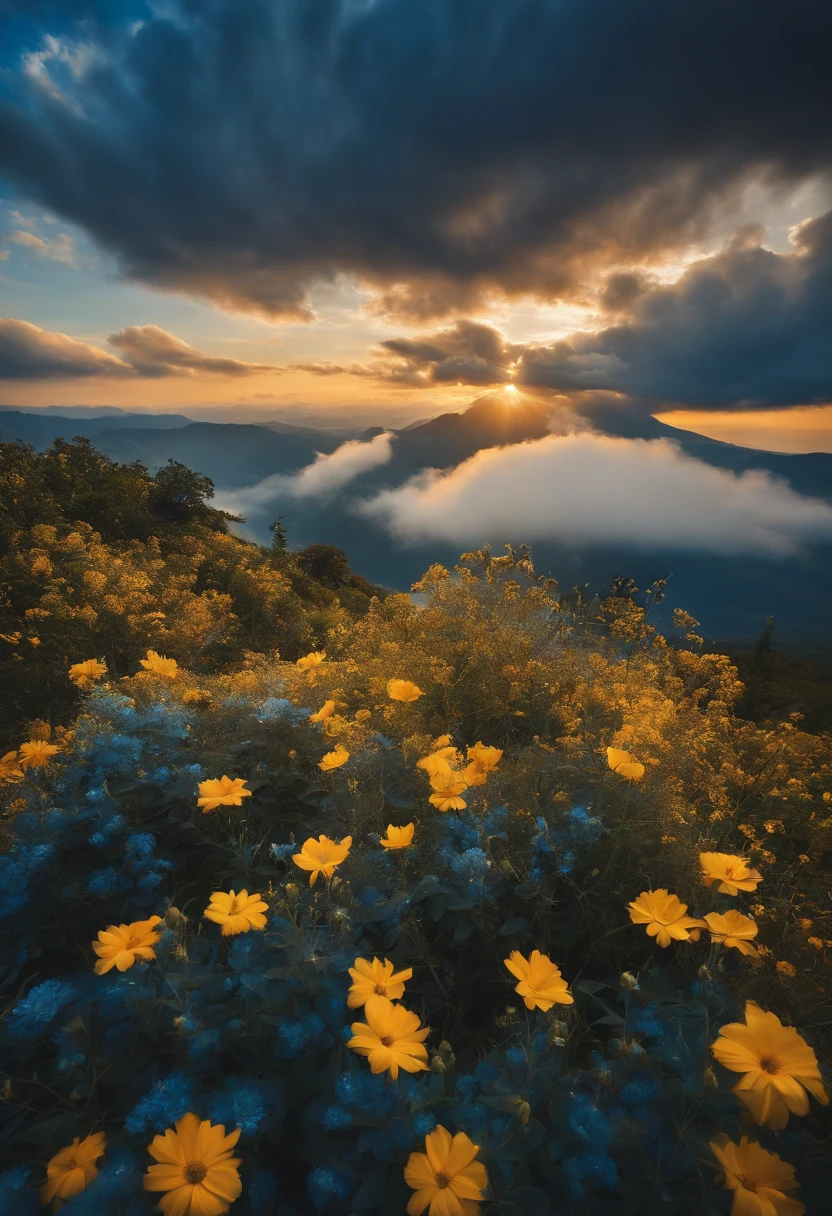 blue and golden flowers among whith clouds