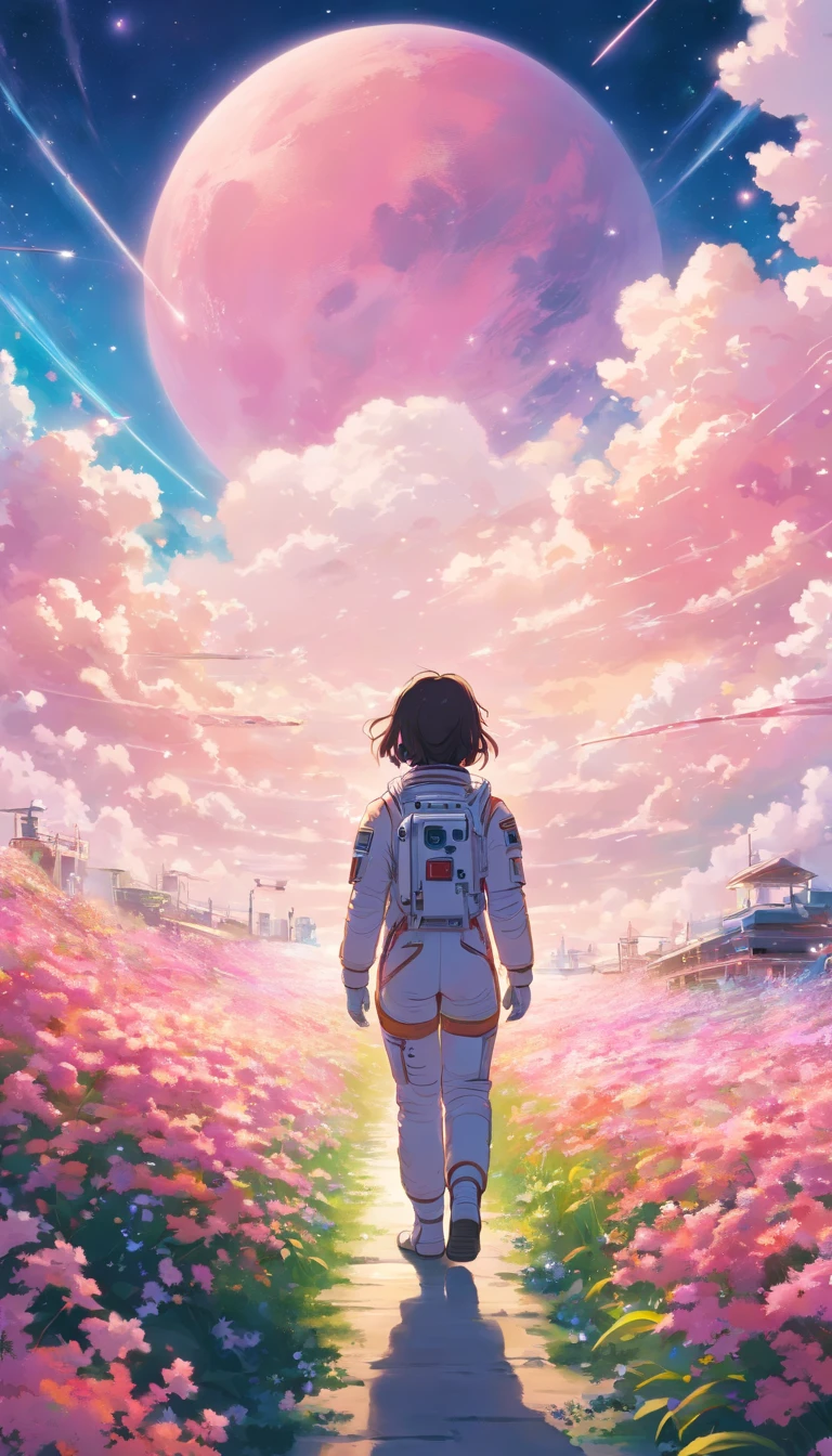 Astronauts walk among a sea of flowers dotted with pink clouds,An astronaut alone,Astronauts cannot leave the planet,Astronauts are lost in the boundless space.