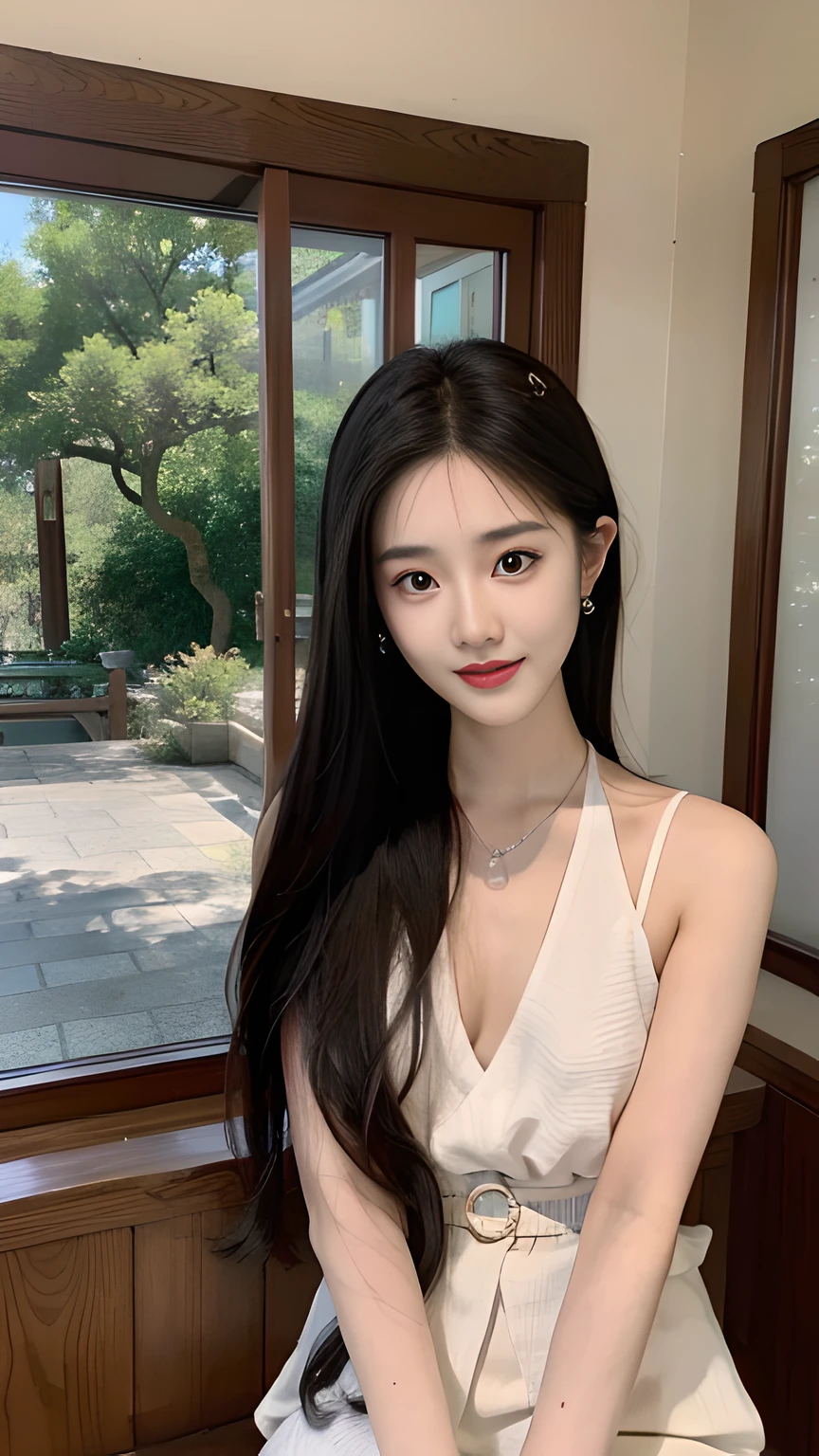 22 years Old young South Korean woman, beauty face, Cute face, Sweet face, thin, long sleek Straight hair style, lipstick, holding a dress