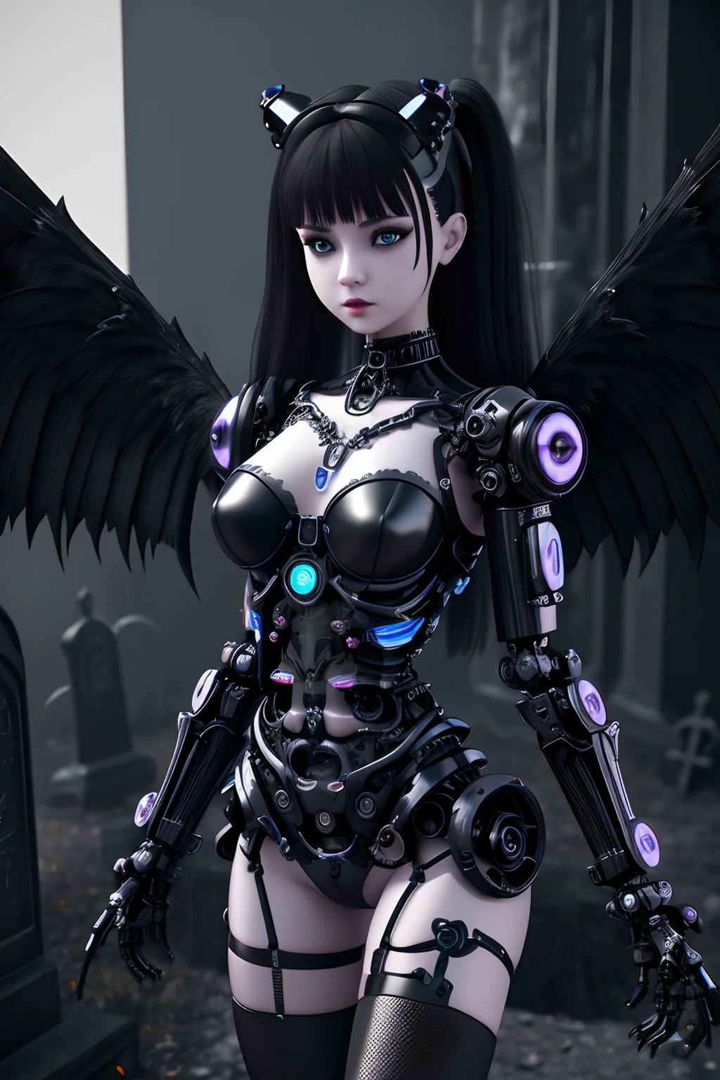 complex 3d render ultra detailed beautiful preteen goth girl. death angel, biomechanical cyborg, analog 150 mm lens, preteen robot kitten fairy goth. small black lace top, big breasts. black tights on long legs. dark graveyard background. Cyborg look, android, futuristic. phantasmal iridescent.