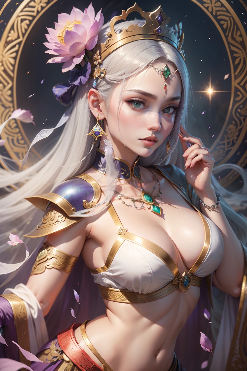 A woman wears sexy transparent platinum low-cut lace armor,Close-up of holding a lotus flower in his hand, Head ornament, Violet necklace, Emerald belt , Toned abs, a beautiful fantasy empress, ((a beautiful fantasy empress)), Beautiful celestial mage, Beautiful character painting, full-body xianxia, Portrait Chevaliers du Zodiaque Fille, by Yang J, G Liulian art style, Fantasy art style, foreshortening