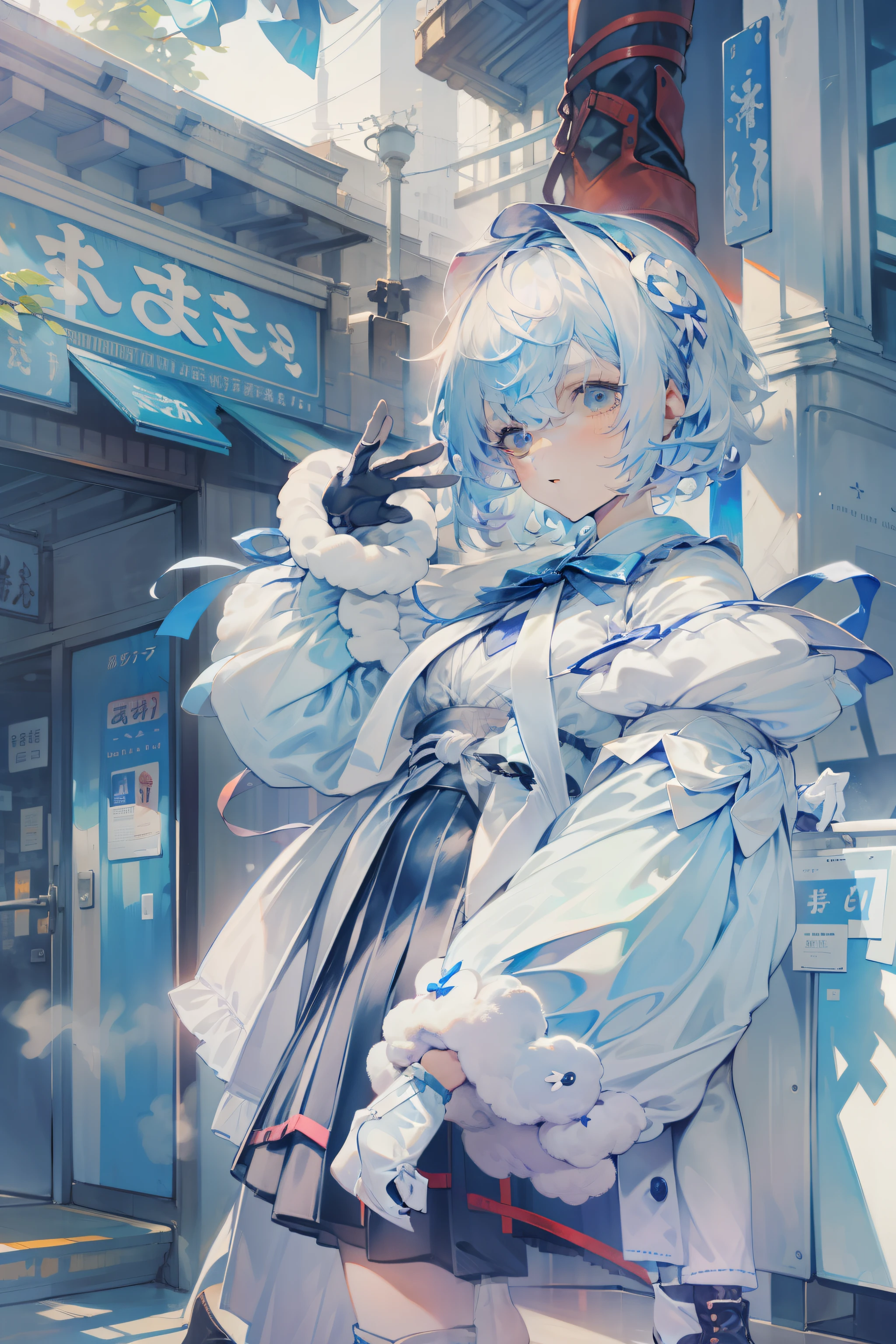 short white hair, white theme, 1girl,solo, looking at vewer, dynamic cute pose, short puffy sleeves,standing, monochrome, blue hairtie, long blue dress, dull, white ribbons and blue ribbons, exquisite, detailed eyes, happy, softgirl, adult, white long adorned gloves, insane detail, white socks, leather shoes, cool boots, dynamic lighting, harajuku,