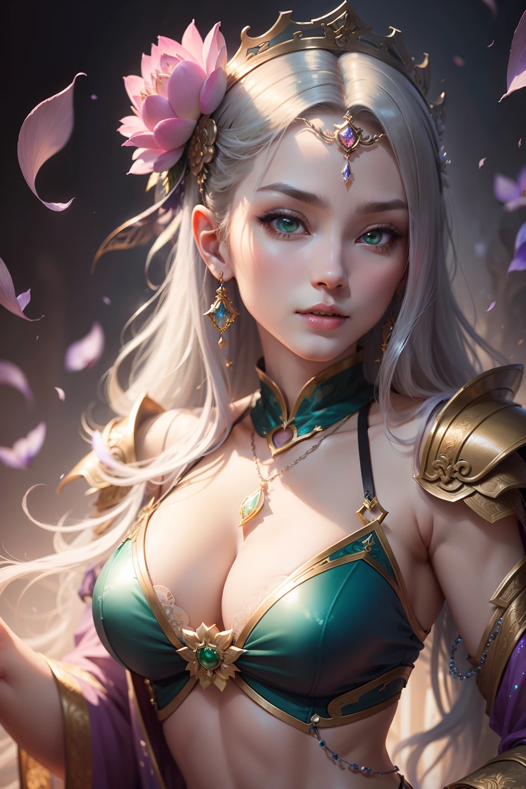 A woman wears sexy transparent platinum low-cut lace armor,Close-up of holding a lotus flower in his hand, Head ornament, Violet necklace, Emerald belt , Toned abs, a beautiful fantasy empress, ((a beautiful fantasy empress)), Beautiful celestial mage, Beautiful character painting, full-body xianxia, Portrait Chevaliers du Zodiaque Fille, by Yang J, G Liulian art style, Fantasy art style, foreshortening