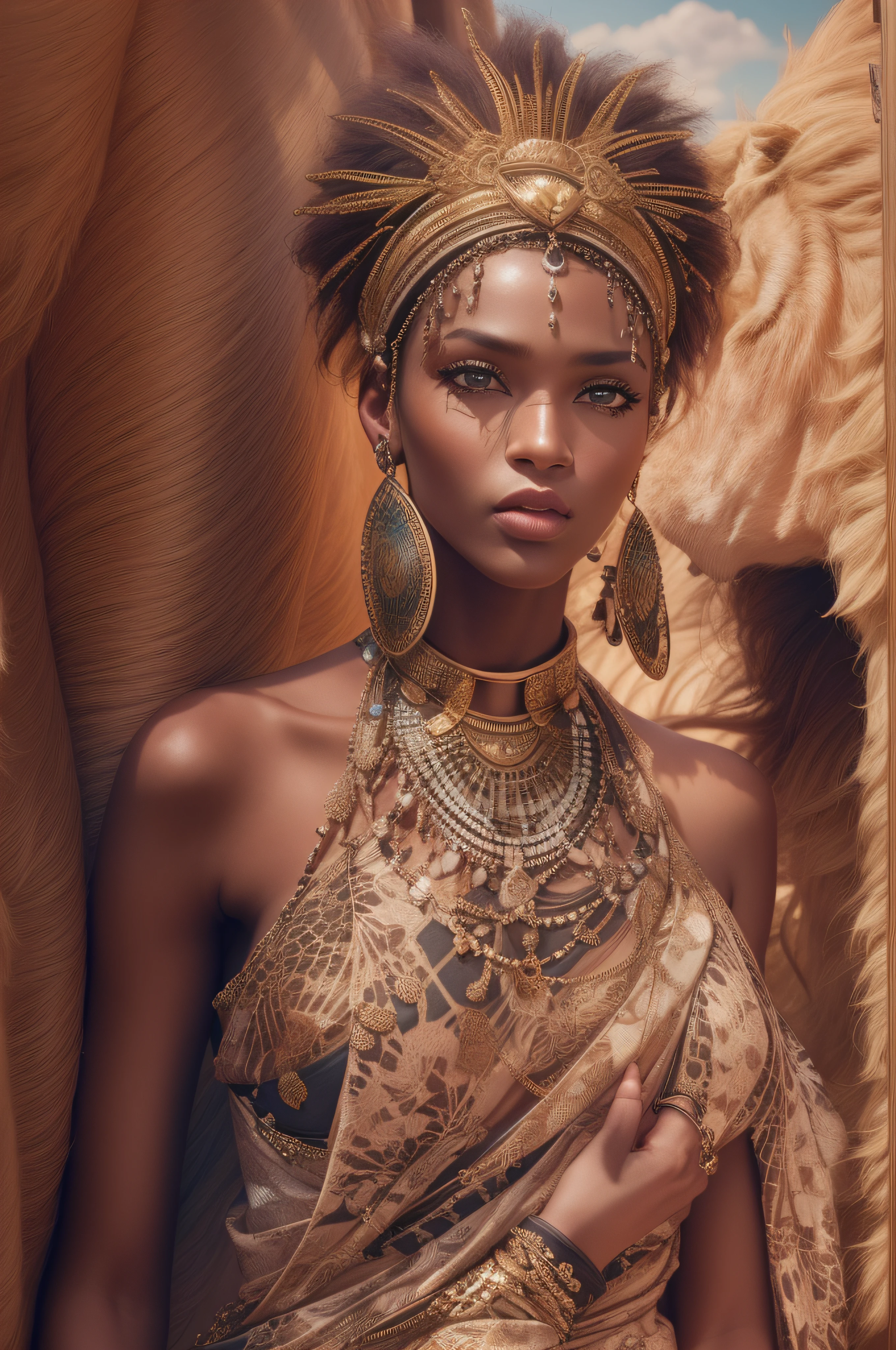 Fashion editorial shooting by Dior, Stunning Goddess of Africa, Savana, Lion, Panther, Vogue, intricate, detailed outfits, hyperrealistic photography, Vogue fashion, sharp focus, cinematic, hdr, 8k