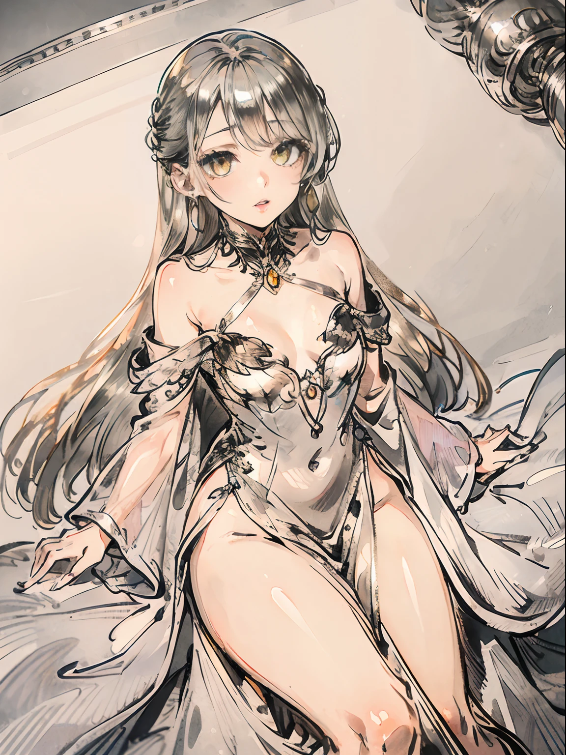 masterpiece, best quality, ultra-detailed, high Res, 1girl, solo, SFW, long silver hair, silver eyelashes, yellow eyes, silver earrings, slender, small breasts, Wear a dress that opens in the middle of the chest, (silver:1.8), (open eyes:1.3)