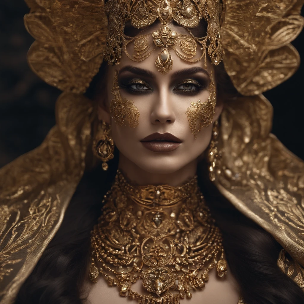The woman wears gold and gold makeup,The style of the skull pattern,Covered with luxurious jewelry, jewelry, Luxurious, Dark white and dark bronze, Jewelry for painters and sculptors,high detailed,Realistic,hyper intricate details, 8K, cenematic lighting, filmic