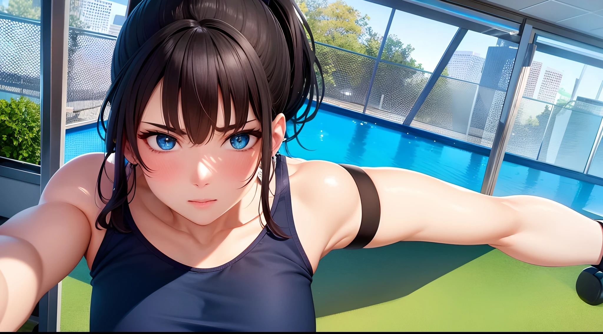 solo, 1girl, ponytail black hair, sparkling blue eyes, realistic, wearing yoga outfit, 8k resolution, focused upper body shot, standing, ultra-detailed, masterpiece, highest quality, pov, blush, at gym