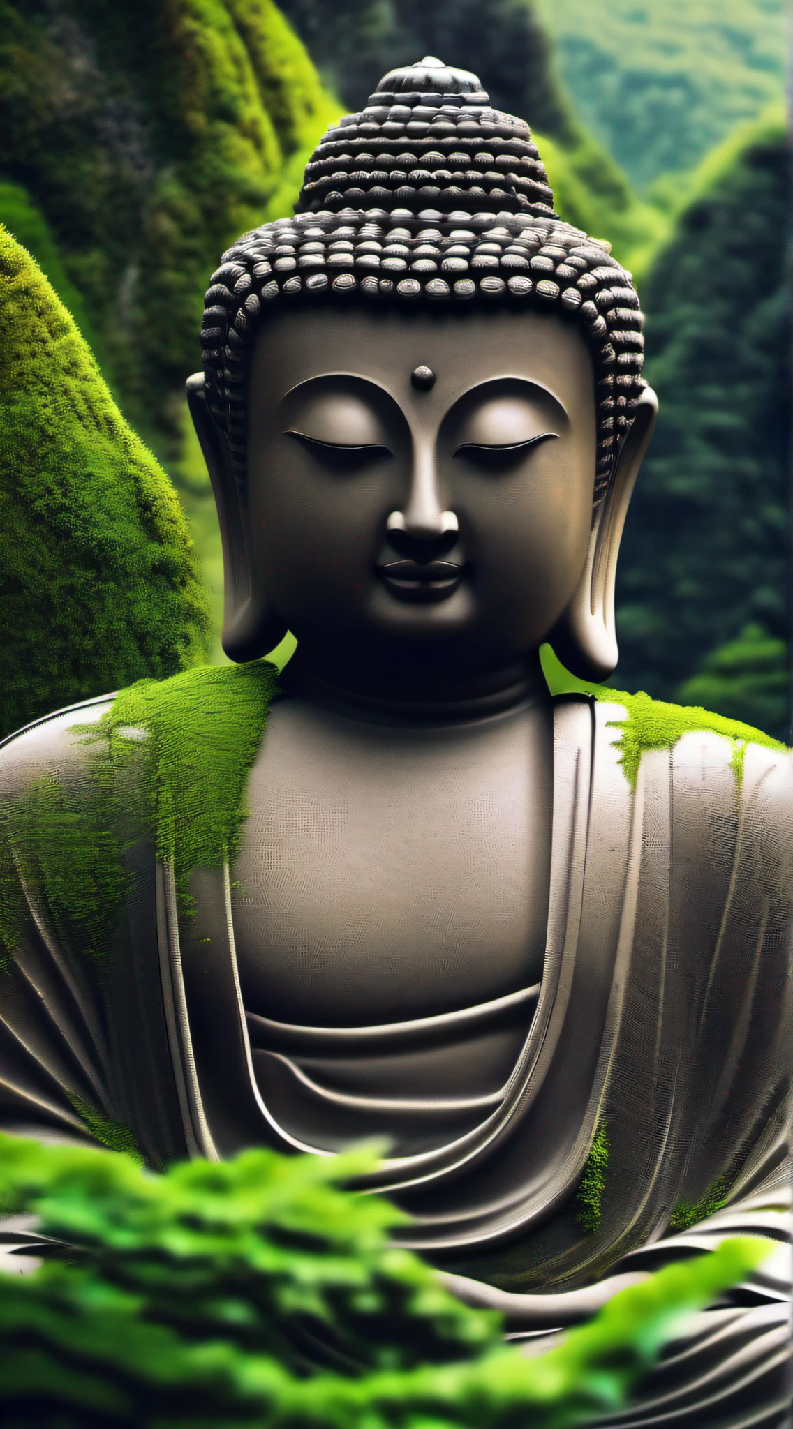 Close-up of the statue with its back against the mountain,Blend in with the mountains,Covered with moss, a Buddhist Buddha, face with artgram, Buddhism, Peaceful face, Buddhist,,详细的脸, Stoic face,photore, Zen temple background,of a real,Pubic area is clear,Movie quality,k hd,Huge Buddha,large tall,shock,magnifica