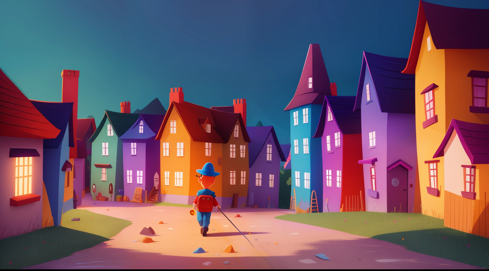 cartoon image, vibrant colors, Determined to solve the mystery, Tommy grabbed his toy detective hat and plastic flashlight. He went out to investigate, walking through the village and talking to the villagers.