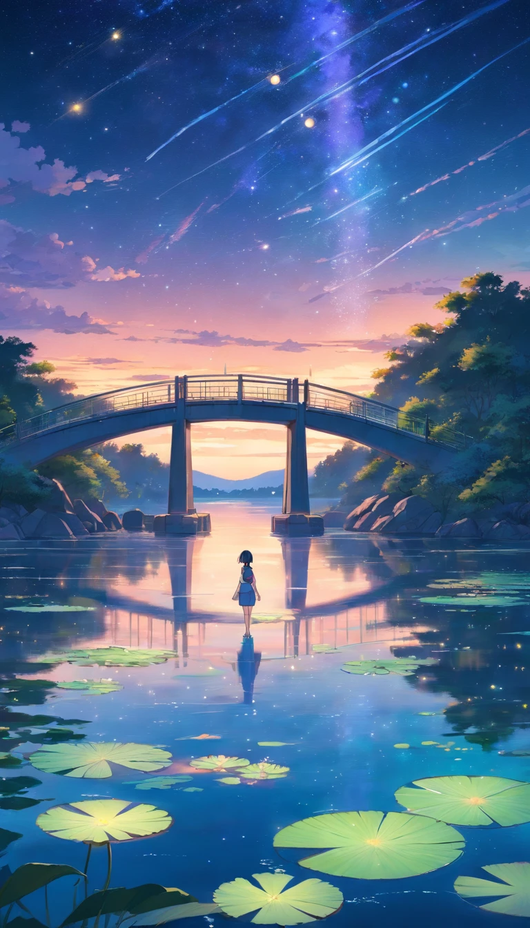 Colored lines depict the tranquil starry sky and lake at night, water lily, bridge, Highly realistic and detailed painting, pencil, Colored pencils