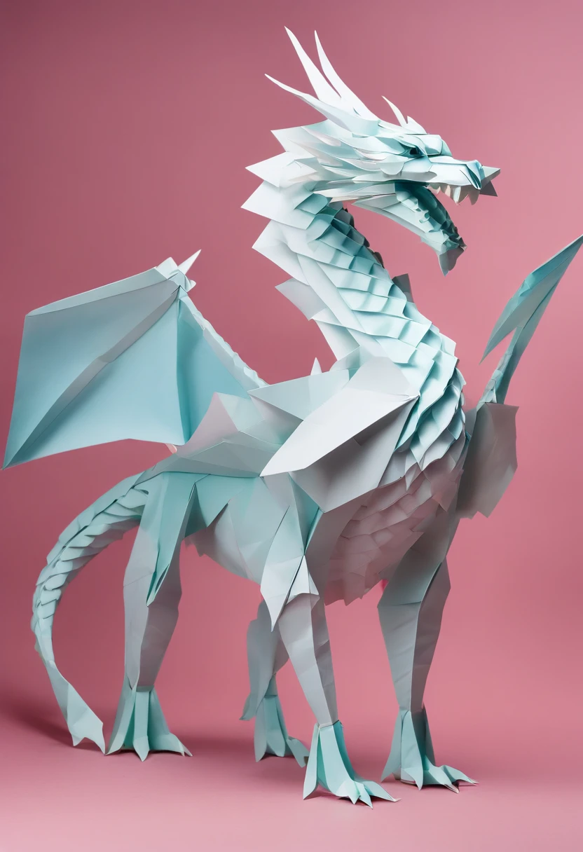 origami dragon,paper art,detailed dragon sculpture,colorful folded paper,precise folds and creases,dragon wings and scales,realistic texture,3D paper model,meticulous craftsmanship,best quality,highres,ultra-detailed,sharp focus,vivid colors,bokeh,paper-cut,traditional Japanese art,dragon's fierce eyes and sharp teeth,graceful and powerful stance,dragon flying in the sky,artistic lighting effects,contrasting shadows and highlights,creative composition