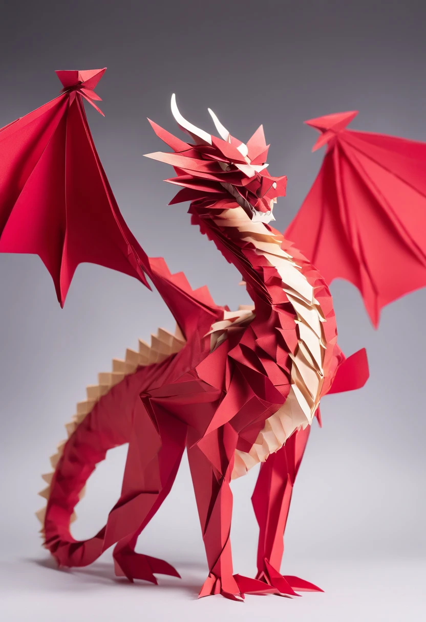origami dragon,paper art,detailed dragon sculpture,colorful folded paper,precise folds and creases,dragon wings and scales,realistic texture,3D paper model,meticulous craftsmanship,best quality,highres,ultra-detailed,sharp focus,vivid colors,bokeh,paper-cut,traditional Japanese art,dragon's fierce eyes and sharp teeth,graceful and powerful stance,dragon flying in the sky,artistic lighting effects,contrasting shadows and highlights,creative composition