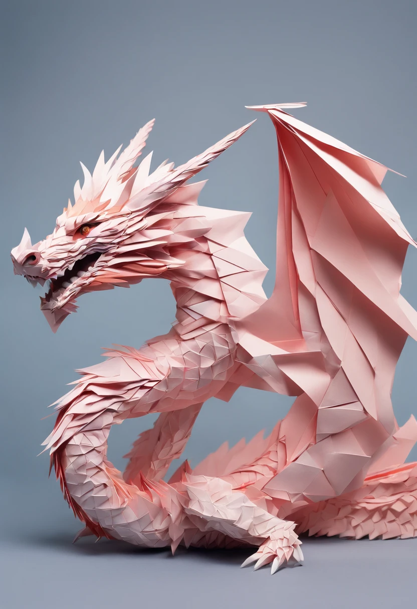 origami dragon,paper art,detailed dragon sculpture,colorful folded paper,precise folds and creases,dragon wings and scales,realistic texture,3D paper model,meticulous craftsmanship,best quality,highres,ultra-detailed,sharp focus,vivid colors,bokeh,paper-cut,traditional Japanese art,dragon's fierce eyes and sharp teeth,graceful and powerful stance,dragon flying in the sky,artistic lighting effects,contrasting shadows and highlights,creative composition