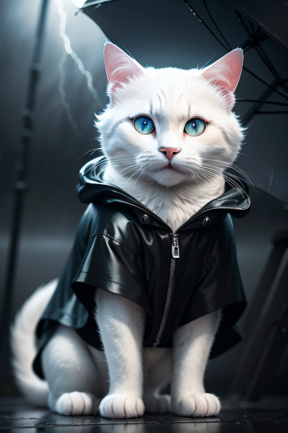 White cat wearing a black raincoat,Stormy weather,With cinematic lighting and ultra-realistic details,photograph of-realistic,cinematic photogtaphy,incredibily detailed,cinmatic lighting