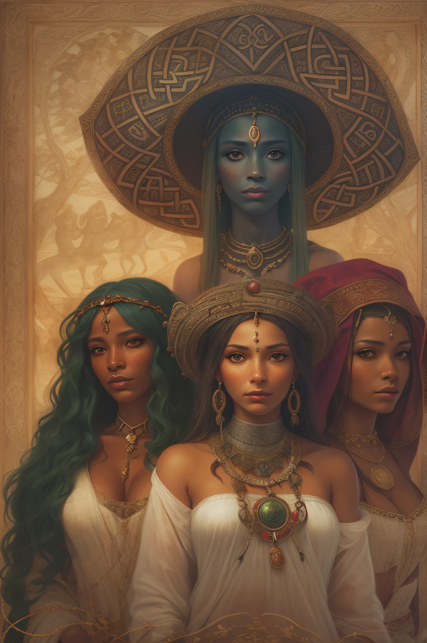 3 witches - goddesses portrait, one from Celtic religion, another one from Africa and the last one from latin America