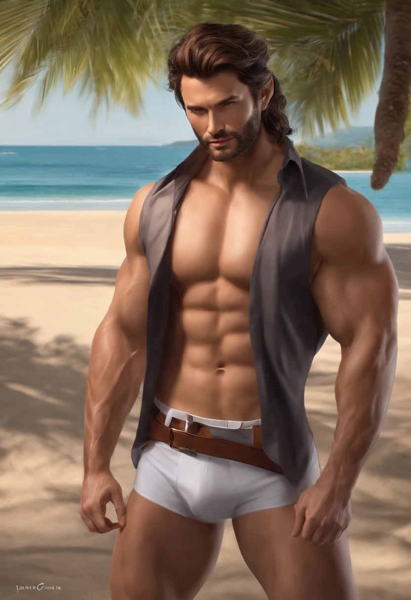 Wolverine standing in front of the beach villa,and hold your head in your hands,Panties show off the figure ,aged 40,Asian male,Nasolabial folds,The whole body is wet with water,red brown hair,Reddish-brown beard,large pecs,Brownish-yellow skin,There is white fluid slipping from the chest muscles,There is a white liquid sliding down the thigh,Red panties,((Crotch bulge)),A confident expression,Detailed hair details,Paintings in the style of Gaston Busier, gentlesoftlighting, low-contrast, (best qualtiy),tmasterpiece,Detailed eyelid details