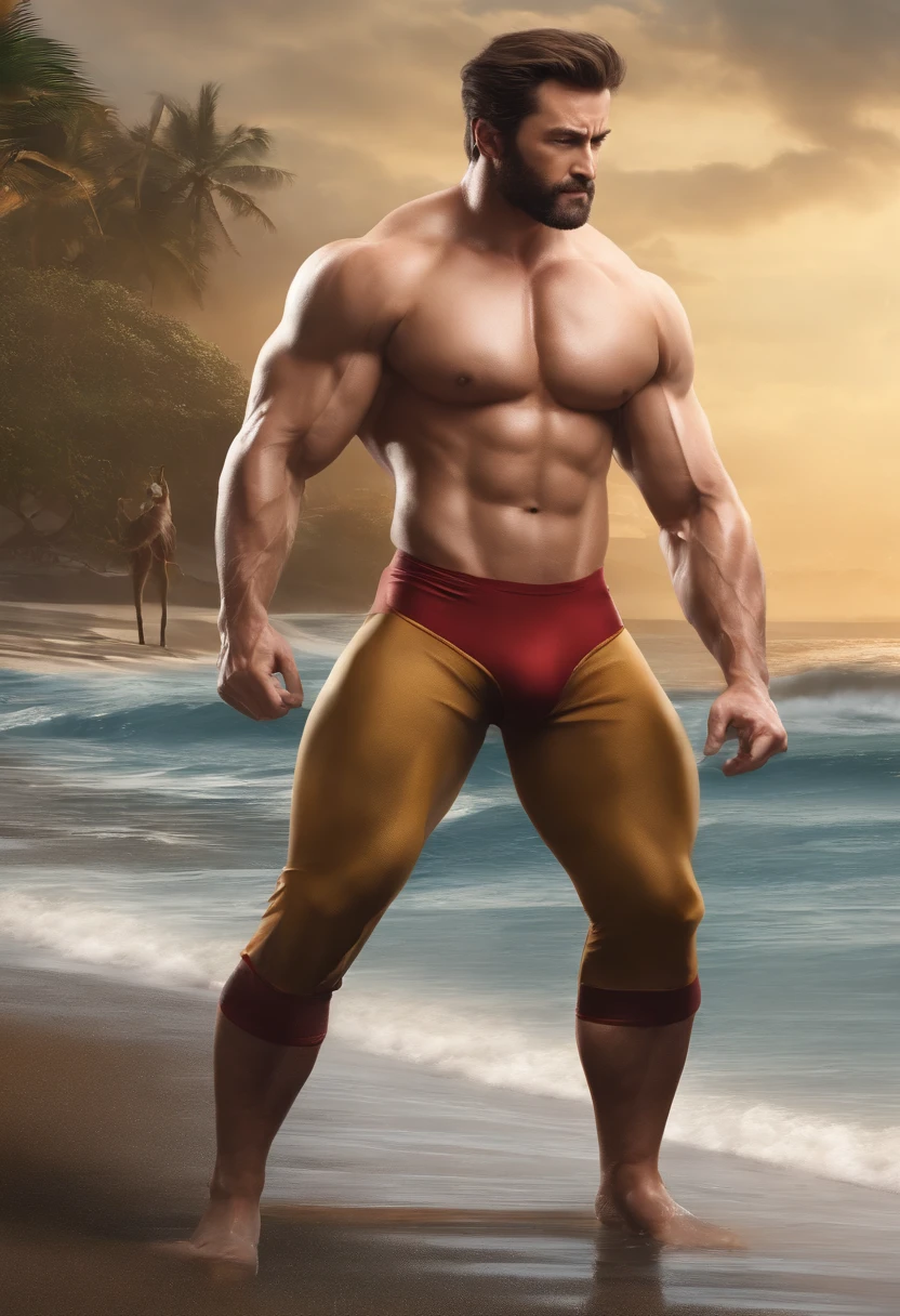 There's a man in a thongie standing on a surfboard, large muscles, Directed by: Mike Winkelmann, absurdly muscular physique, exaggerated physique, large muscles, inspirado em Mike Winkelmann, Alexey Egorov, exaggeratedly large physique, muscular character, exaggerated muscle physique, huge muscles, muito lindo. large muscles, massive muscles