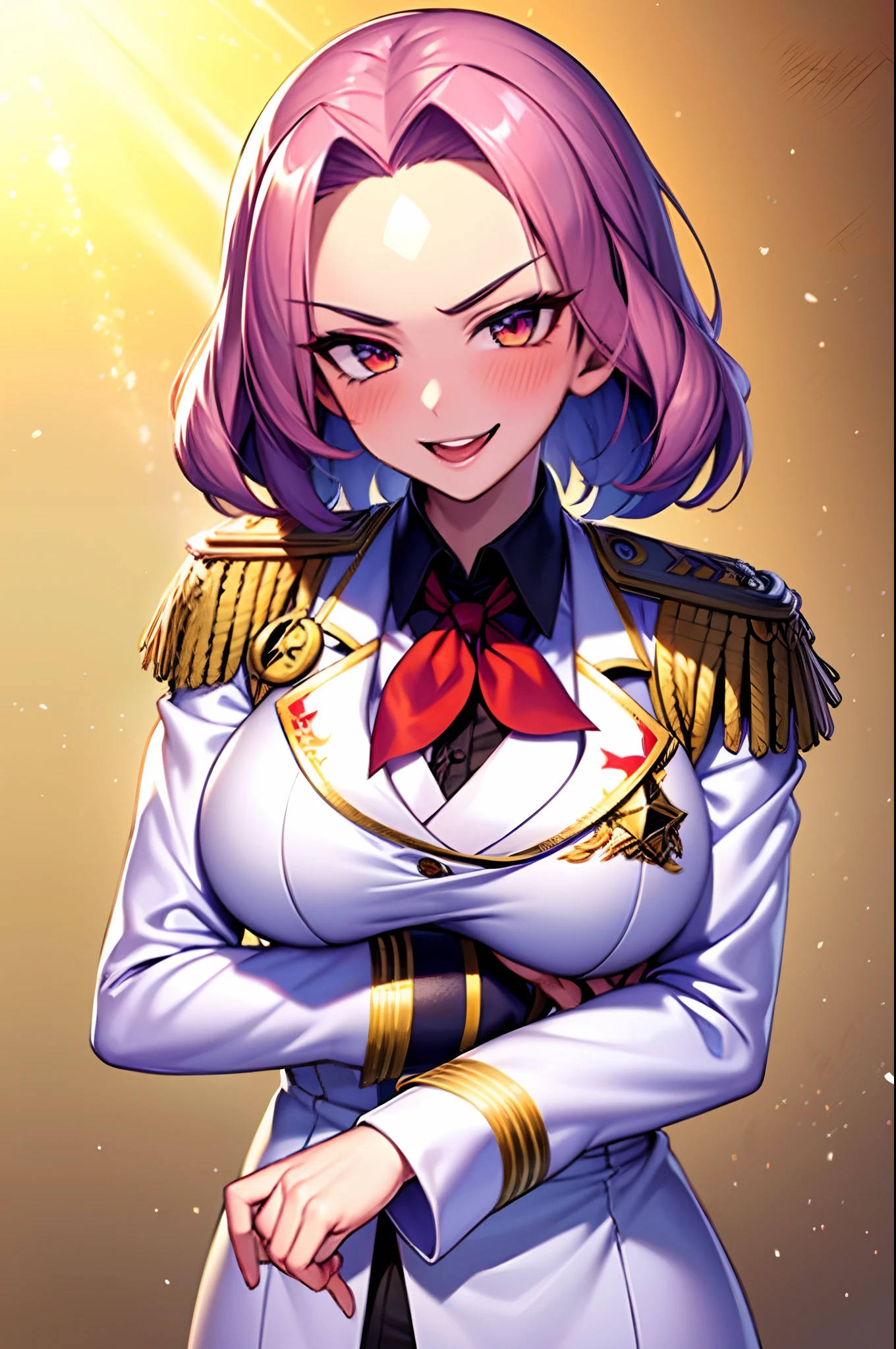 (Masterpiece, best quality), edgQuality, smirk,smug, military uniform, edgElegant, 1girl, solo, forehead, breasts, looking at viewer, blush, open mouth, epaulettes, wearing edgElegant, long sleeves, collared shirt, jacket, medal, embroidery